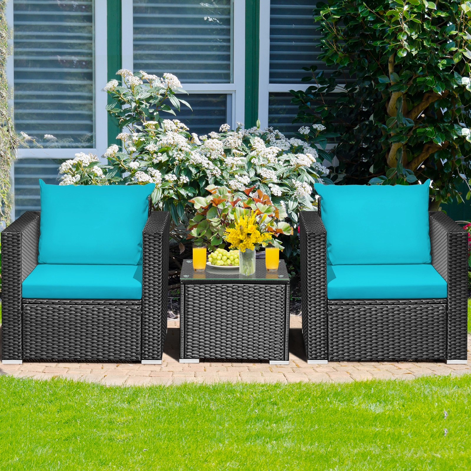 SUGIFT 3-Piece Patio Wicker Conversation Set with Cushions 400-Lb Chair Capacity Turquoise Black Rattan