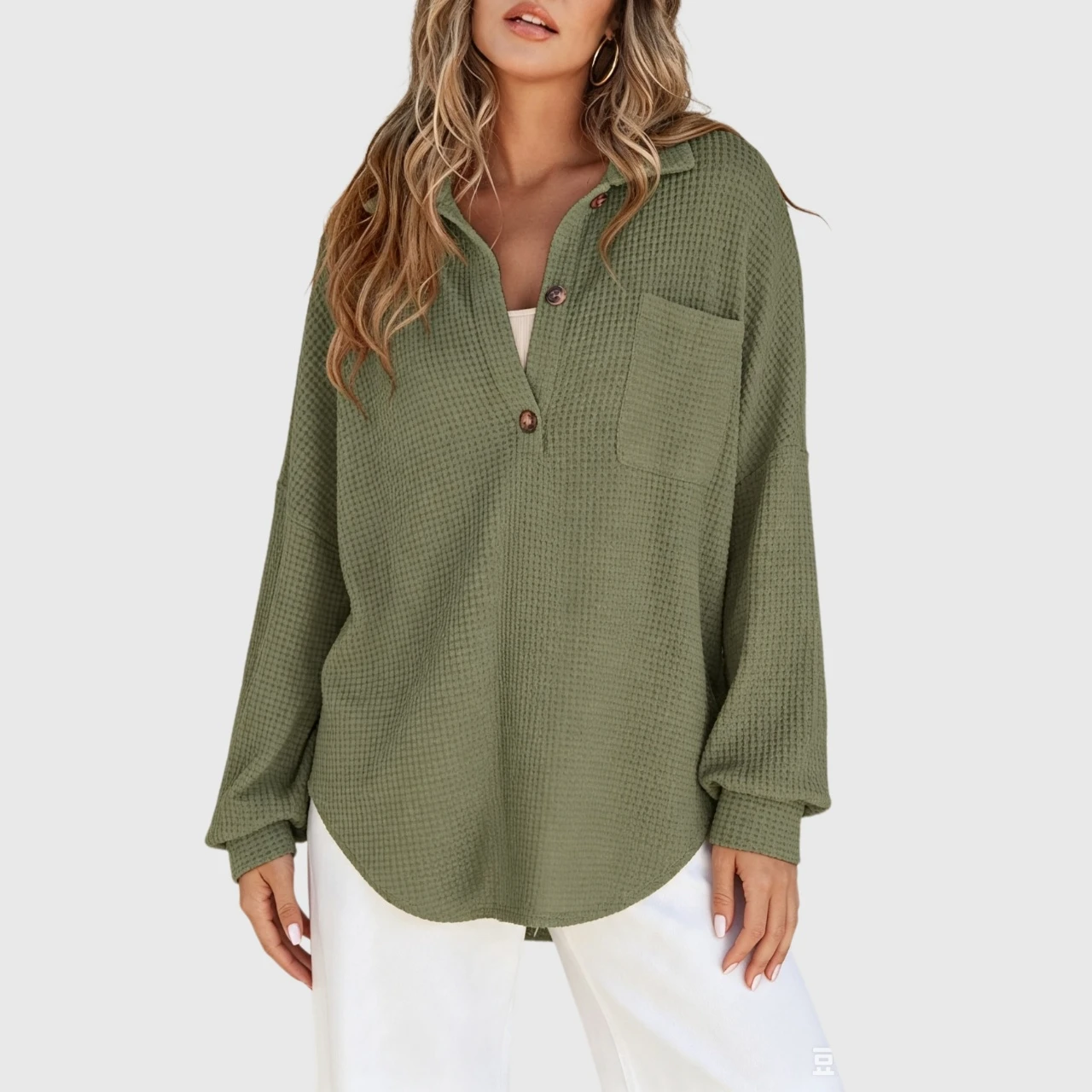 YesFashion Women Waffle Knit Henley Shirts Long Sleeve V Neck Solid Color Casual Tunic Tops