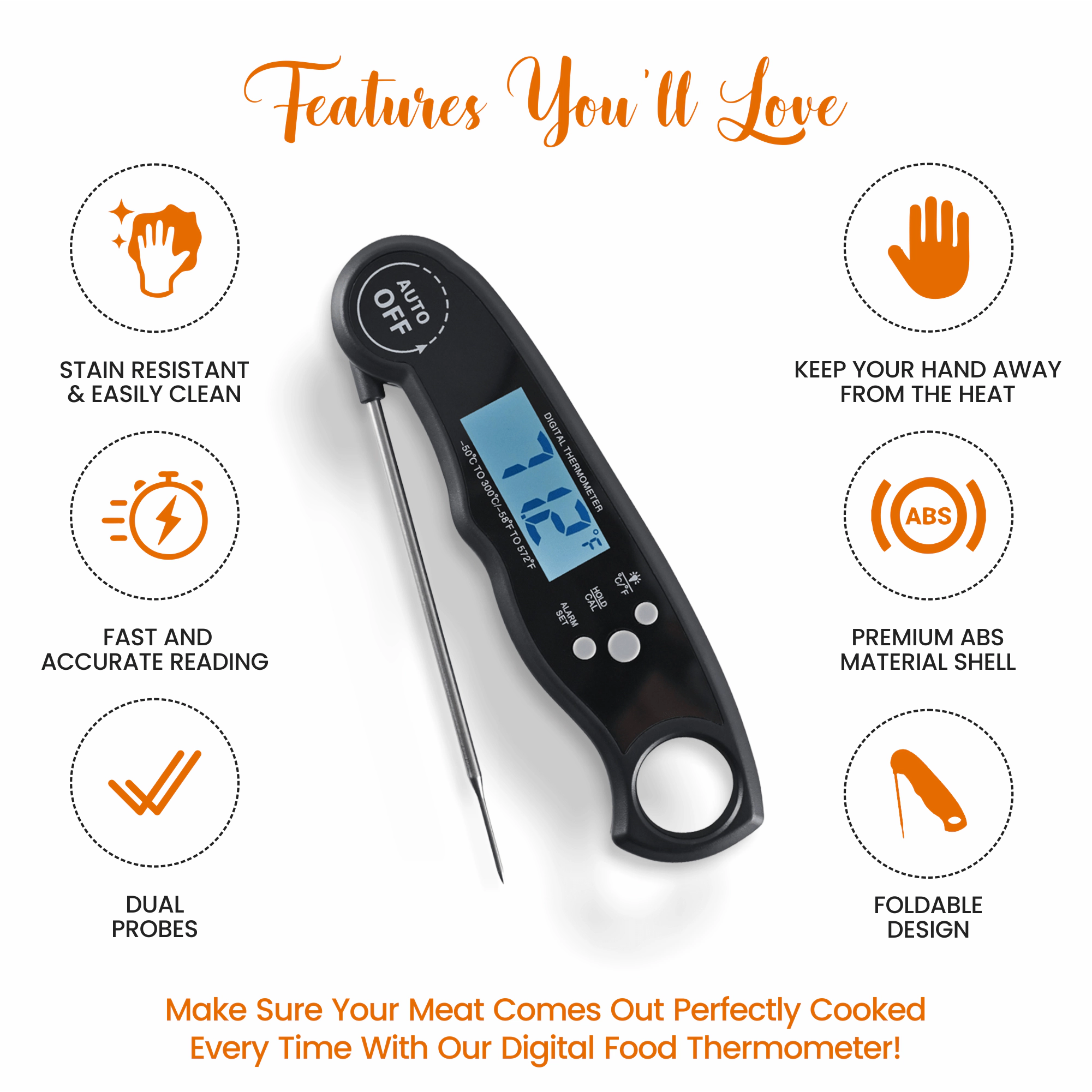 Cheer Collection Instant Read Food Thermometer with Foldable Probe