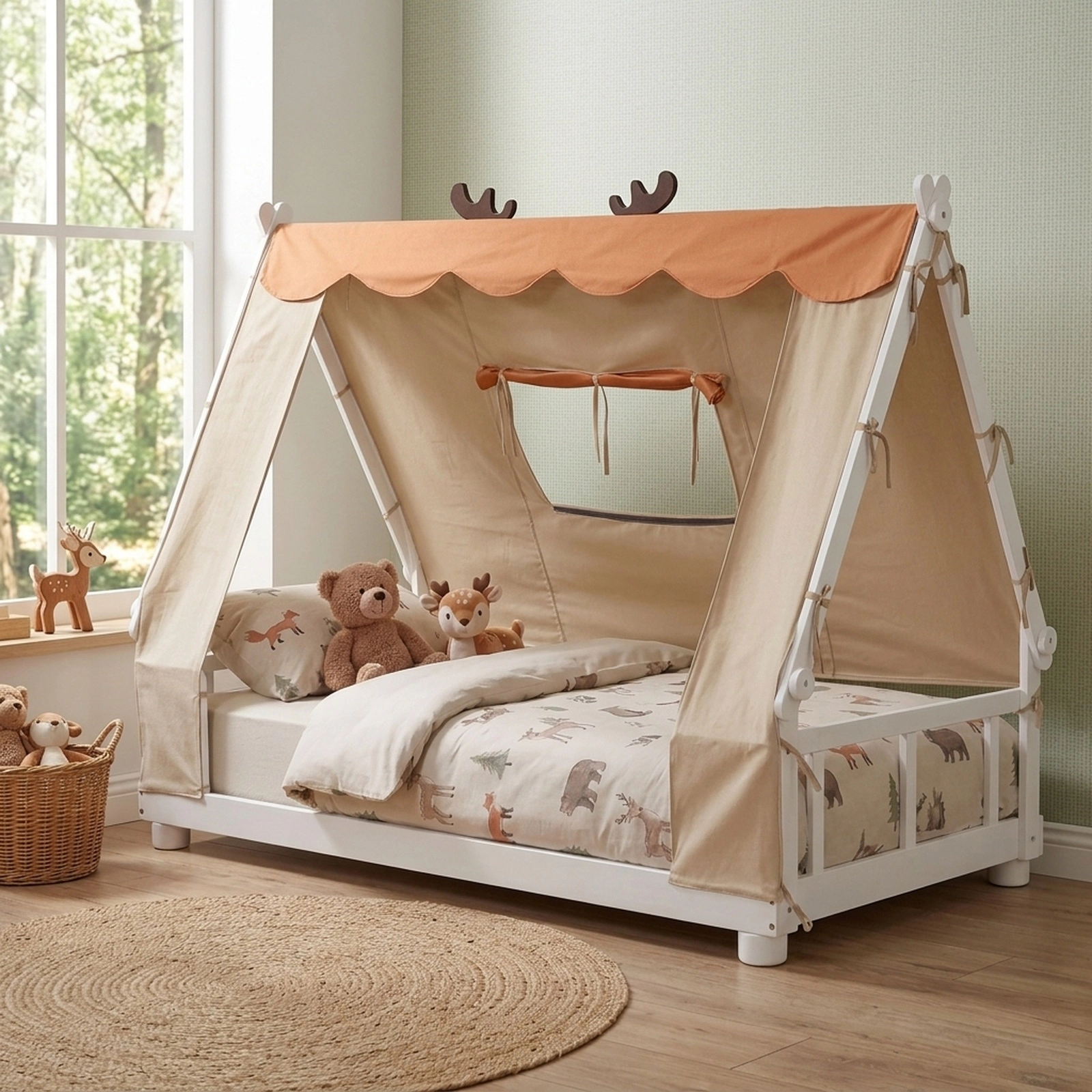 SUGIFT Twin House Floor Bed, Montessori Wood Frame, Velvet Canopy, White