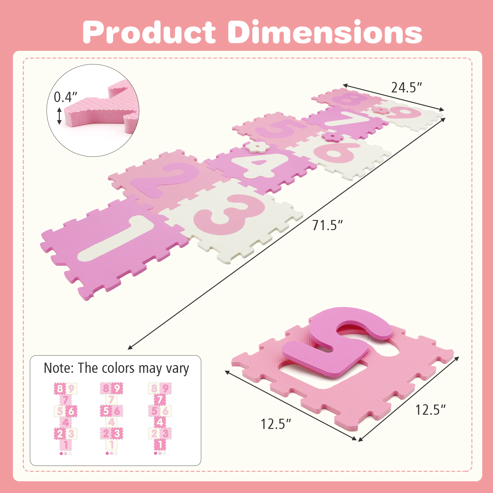 SUGIFT Kids Pink 9-Piece Interlocking Foam Hopscotch Play Mat with 3 Marker Discs 71.5-in W 24.5-in D 0.4-in H