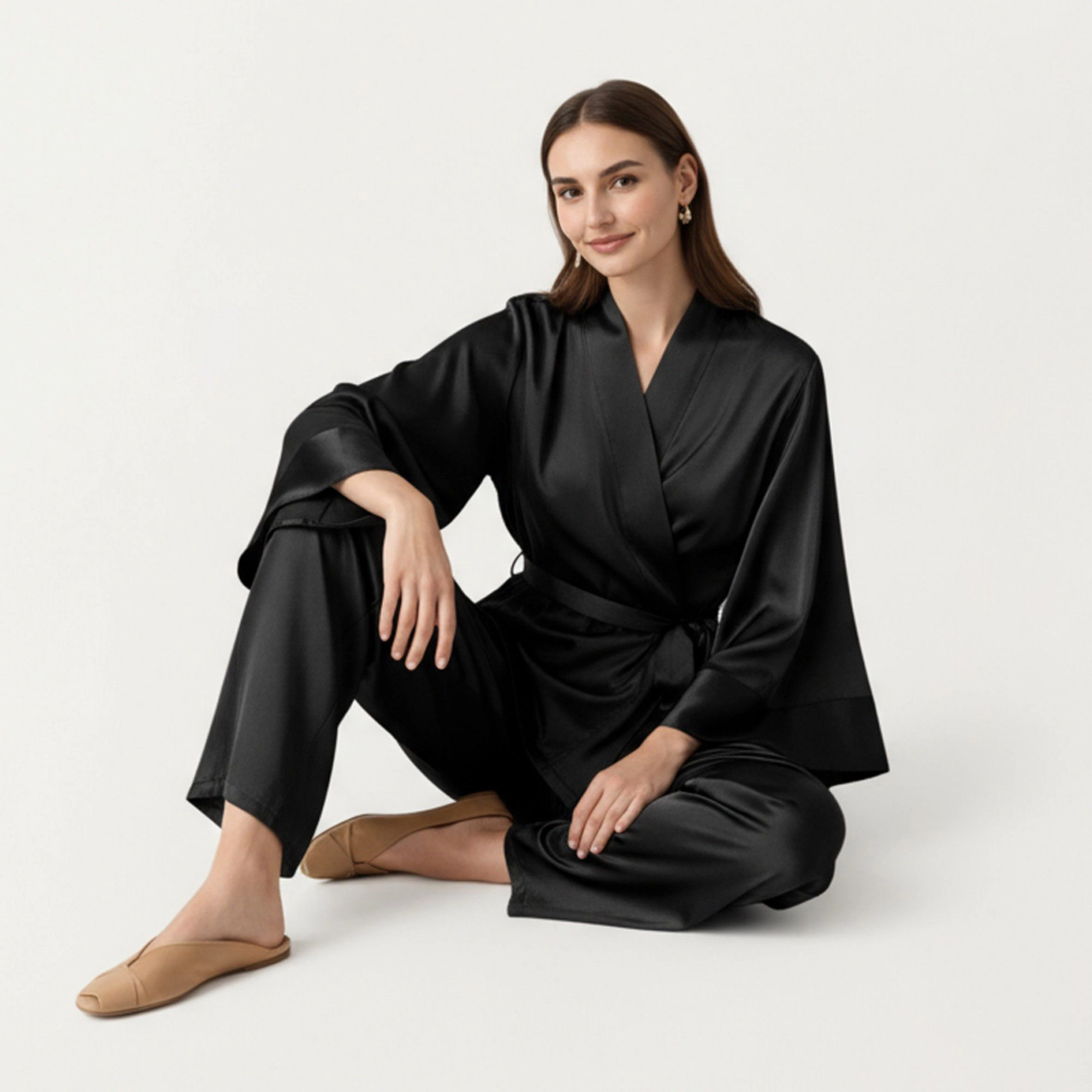 Anna-Kaci Women's 2-Piece Satin Wrap Long Sleeve Belted Top and Wide Leg Pants