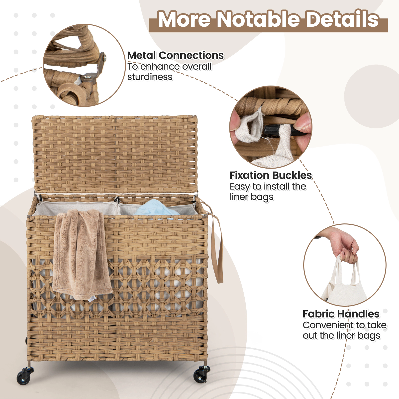 SUGIFT Natural 110L 2-Section Rolling Laundry Hamper with 4 Wheels 2 Removable Liners and Flip-Up Lid