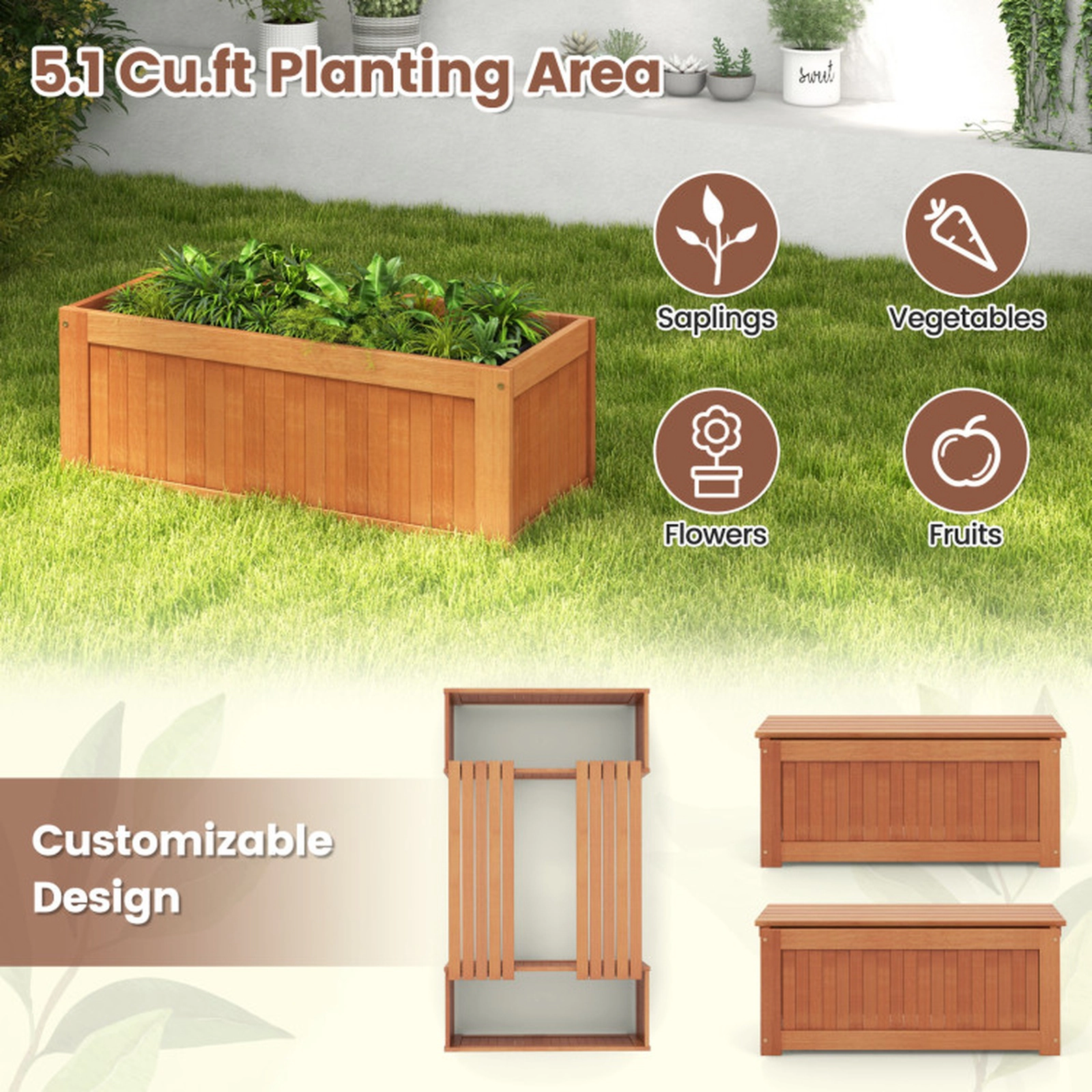 SUGIFT Outdoor Planter Bench with Rectangular and Small Planter Boxes 330-lb Capacity Natural