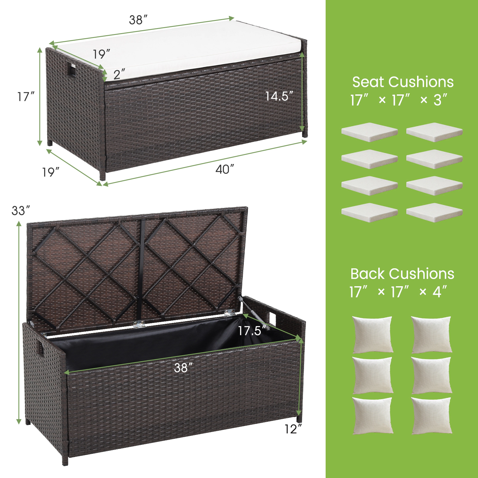 SUGIFT 34-Gallon 795-lb Capacity Wicker Outdoor Storage Bench with Seat Cushion and Zippered Liner