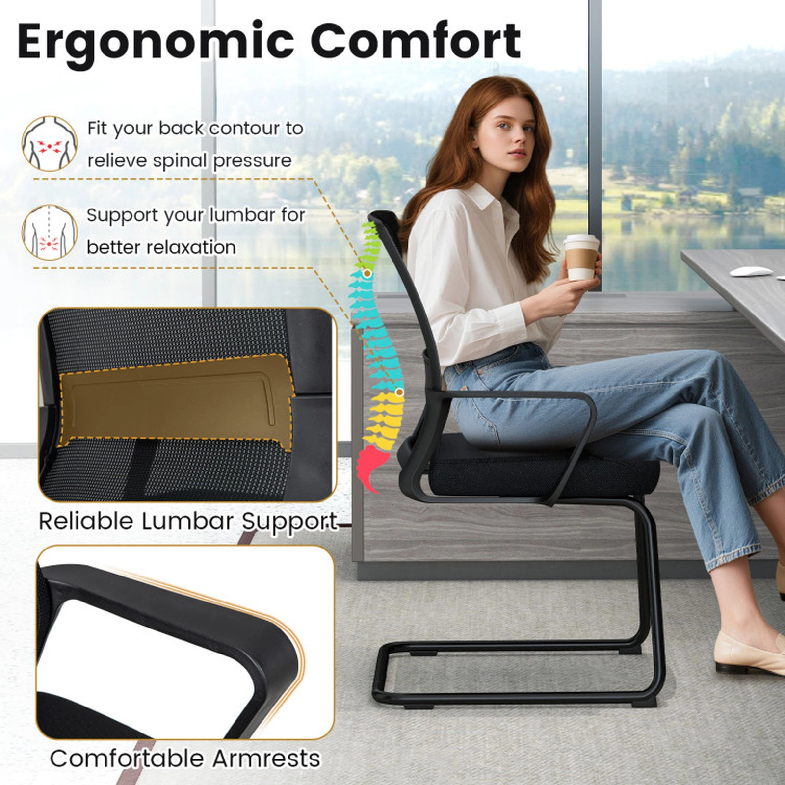 SUGIFT Set of 2 Mesh Back Lumbar Support Sled Base Office Guest Chairs 24.5-in x 23.5-in x 37-in 220-lb Capacity Black