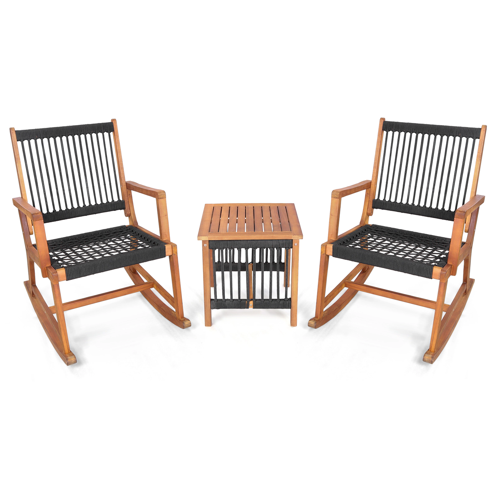 SUGIFT 3-Piece Rocking Conversation Bistro Set with Acacia Wood Frames 360-Lb Chair Capacity Black and Natural
