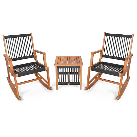 SUGIFT 3-Piece Rocking Conversation Bistro Set with Acacia Wood Frames 360-Lb Chair Capacity Black and Natural