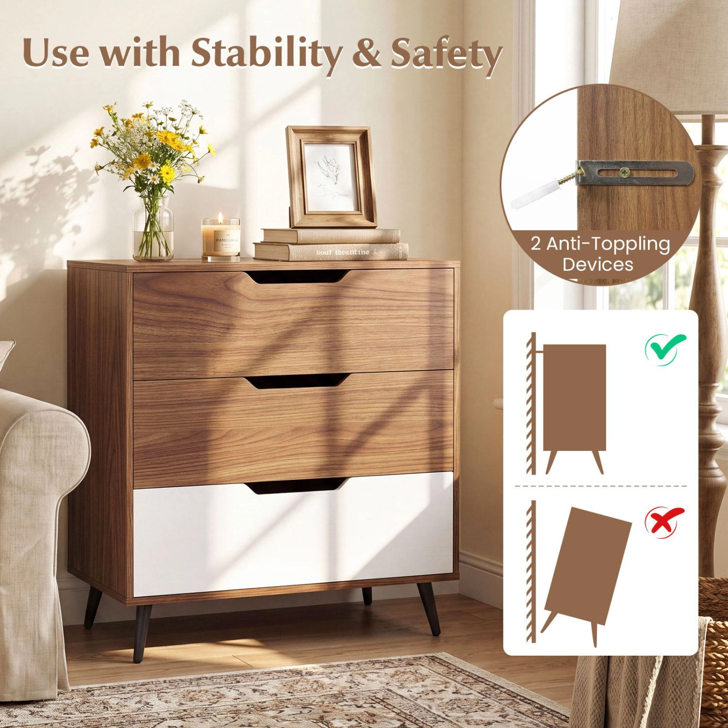 SlickBlue 3-Drawer Bedroom Dresser with Metal Legs and Wall Anchor