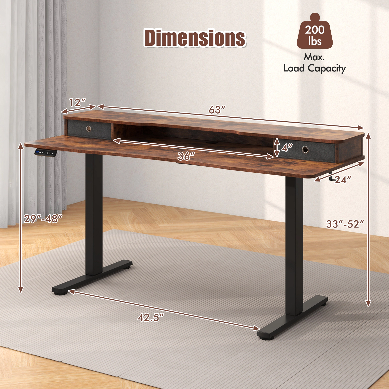 SUGIFT 63 x 24 Inch Electric Standing Desk with 2 Drawers and Monitor Shelf