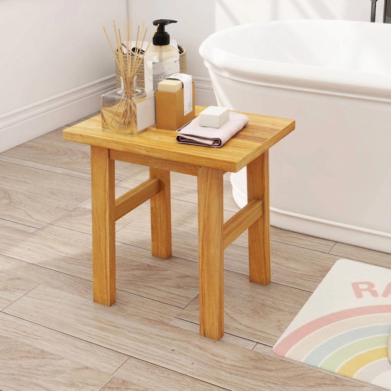 SUGIFT Reinforced Crossbars Water Resistant Solid Teak Spa Shower Bench 18-in x 12-in x 18-in 264-lb Capacity Natural