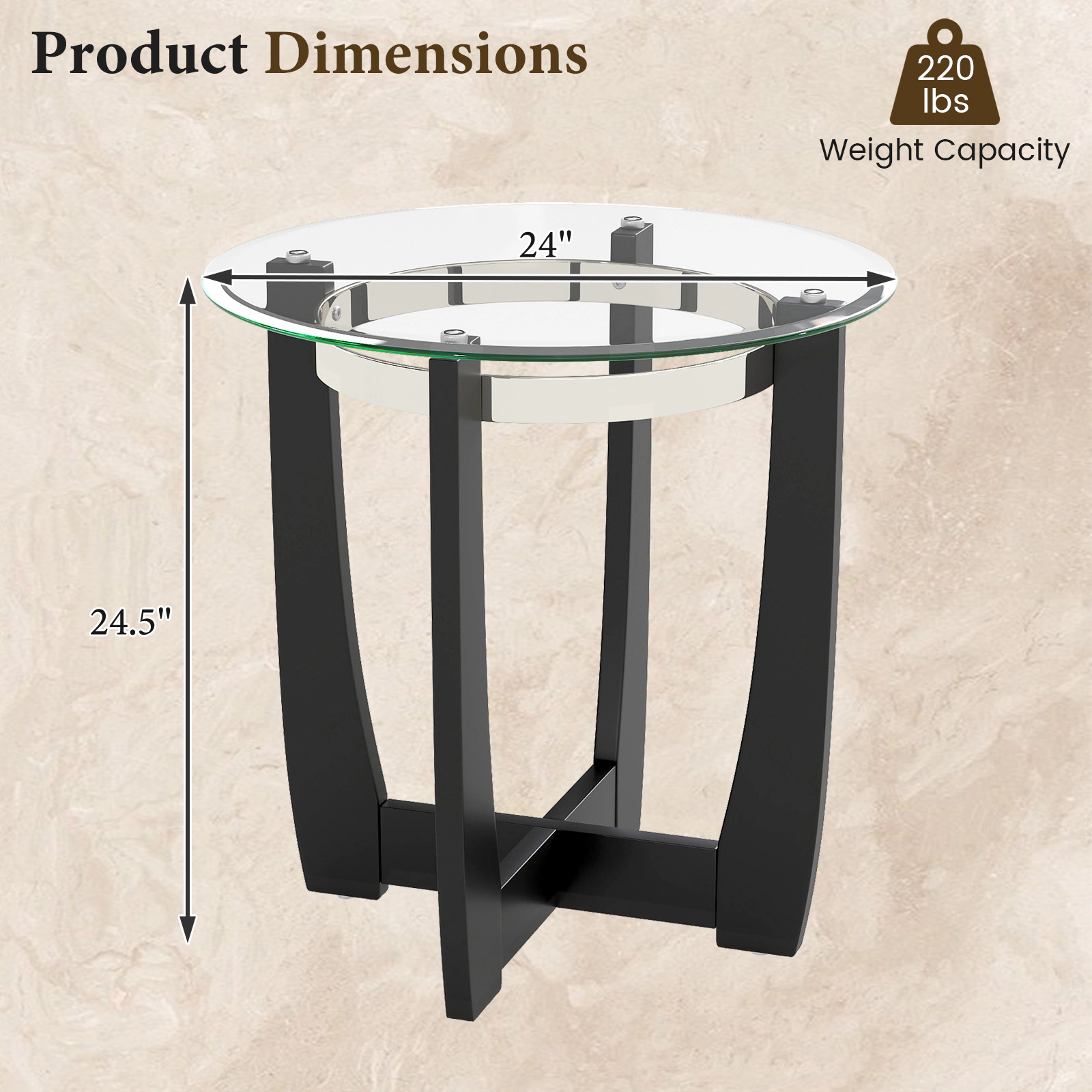 Glintex 24-Inch Round Tempered Glass Side Table with 220-Lb Cross-Braced Base