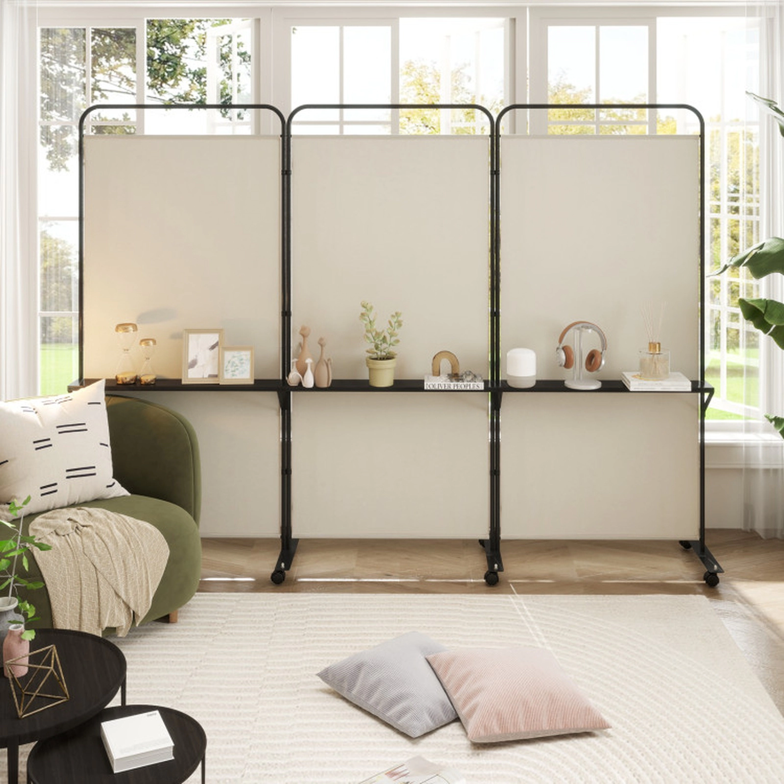 SUGIFT 3-Panel Folding 3 Metal Shelves Room Divider Screen 103-in x 18-in x 74-in 8 Lockable Wheels Beige