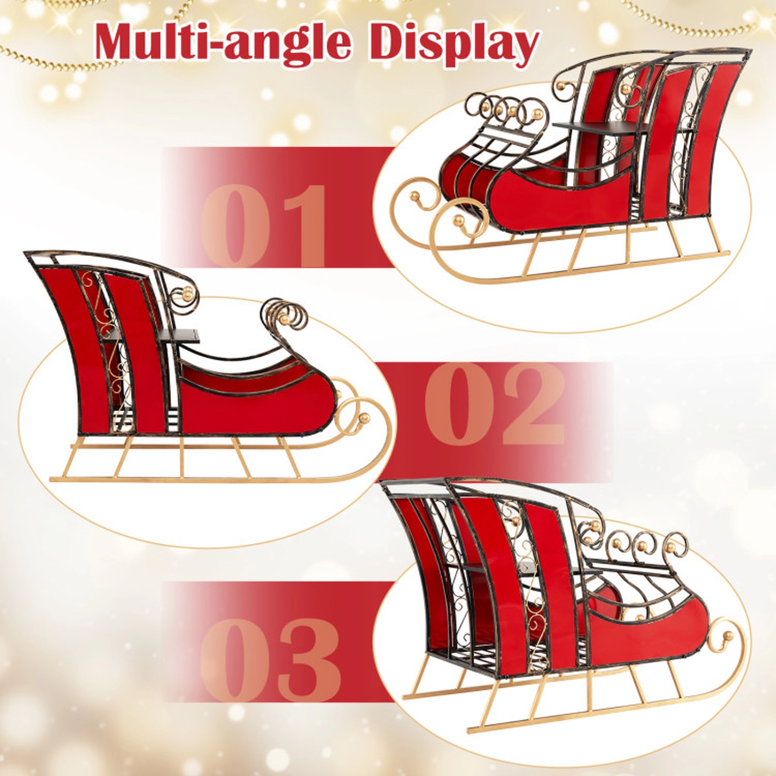 SUGIFT 3-Ft Red Metal Christmas Sleigh Decor with 2-Tier Storage Shelf 37-in W 16-in D 23-in H 22-lb Per Tier