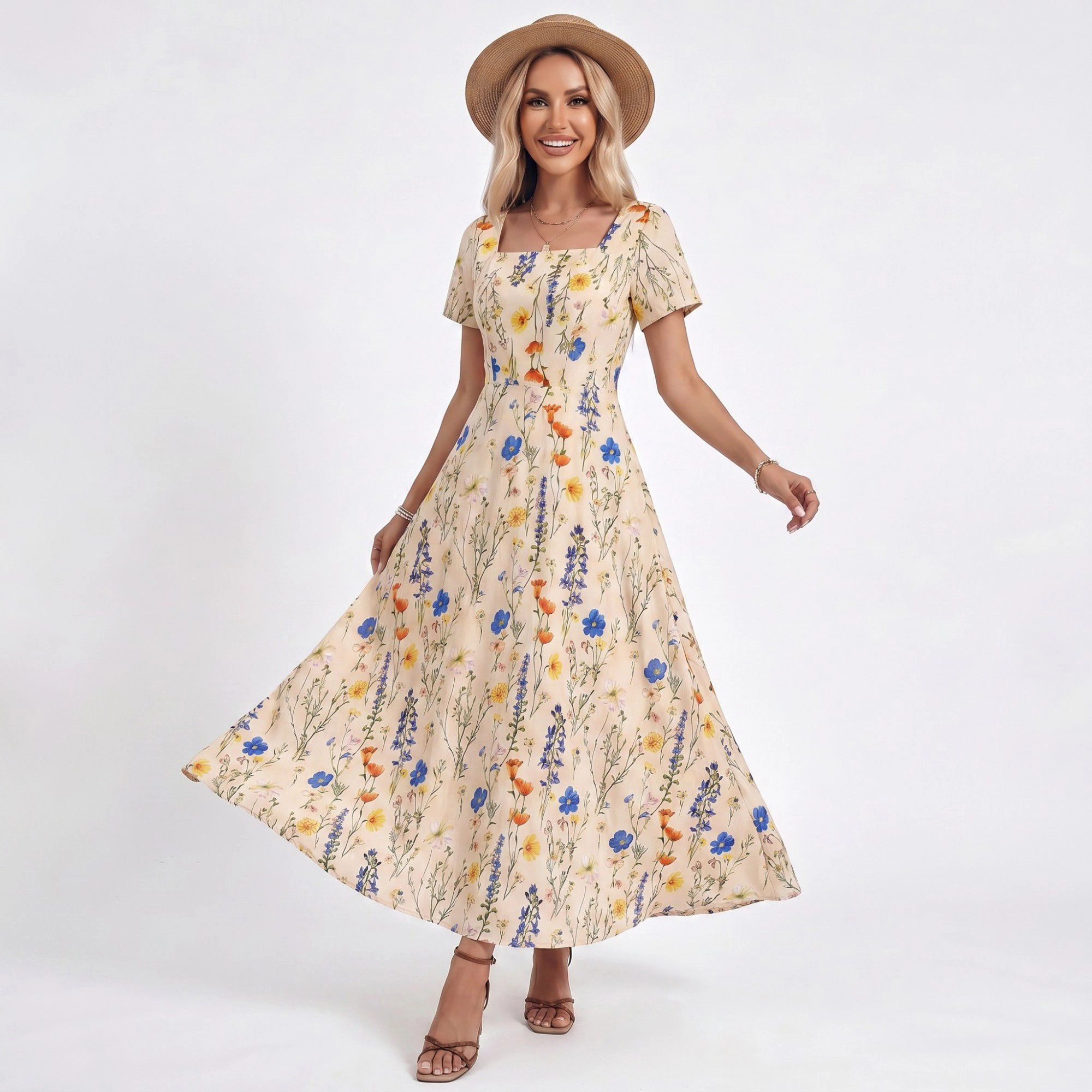 Anna-Kaci Women's Floral Square Neck Short Sleeve A-Line Button Front Maxi Dress