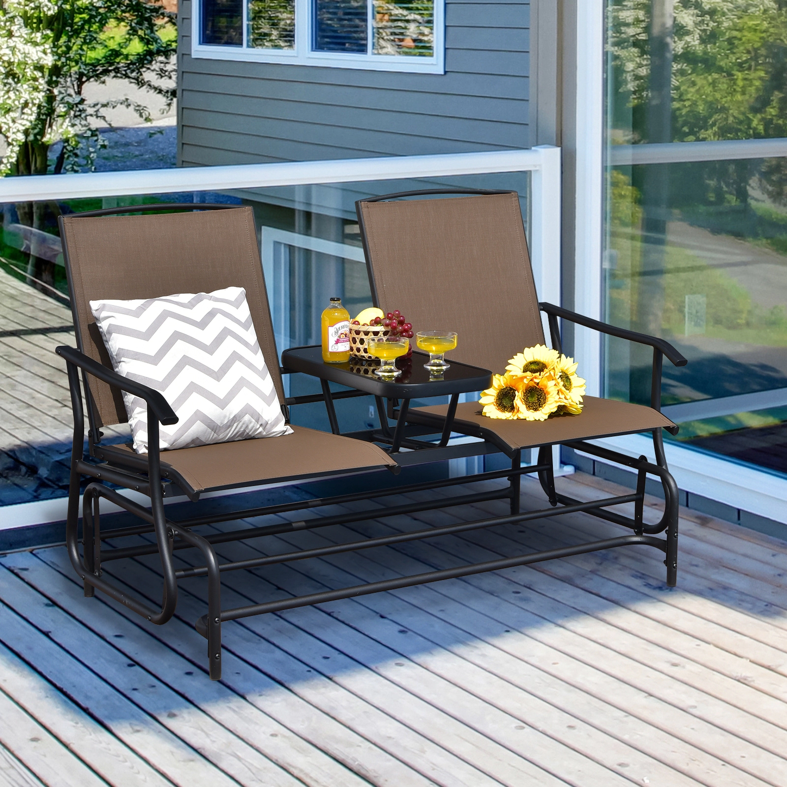 SUGIFT 2-Person Rocking Loveseat Glider Conversation Set Center Tempered Glass Table 530-Lb Capacity 57-in Wide Brown