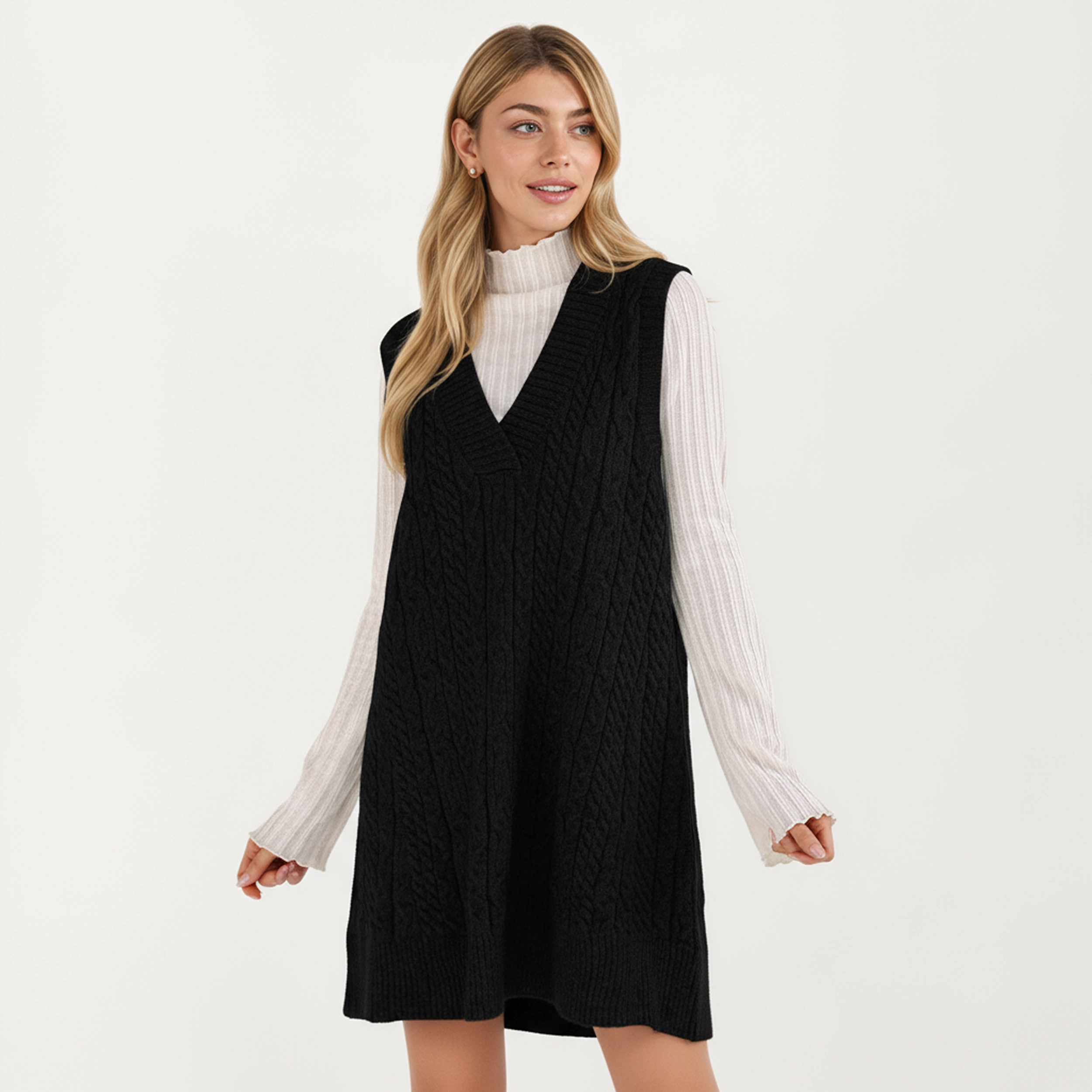Anna-Kaci Women's Cable Knit Deep V-Neck Sleeveless Sweater Dress