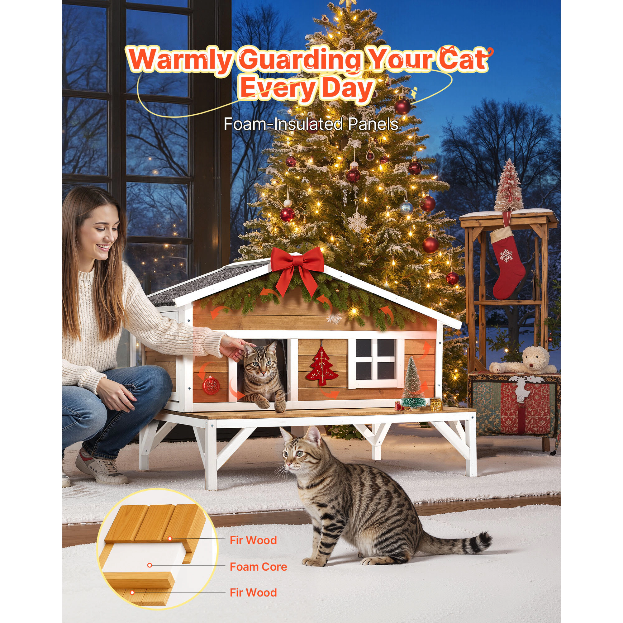 HONGGE Outdoor Wooden Cat House Shelter for Feral Cats in Winter with Waterproof Roof