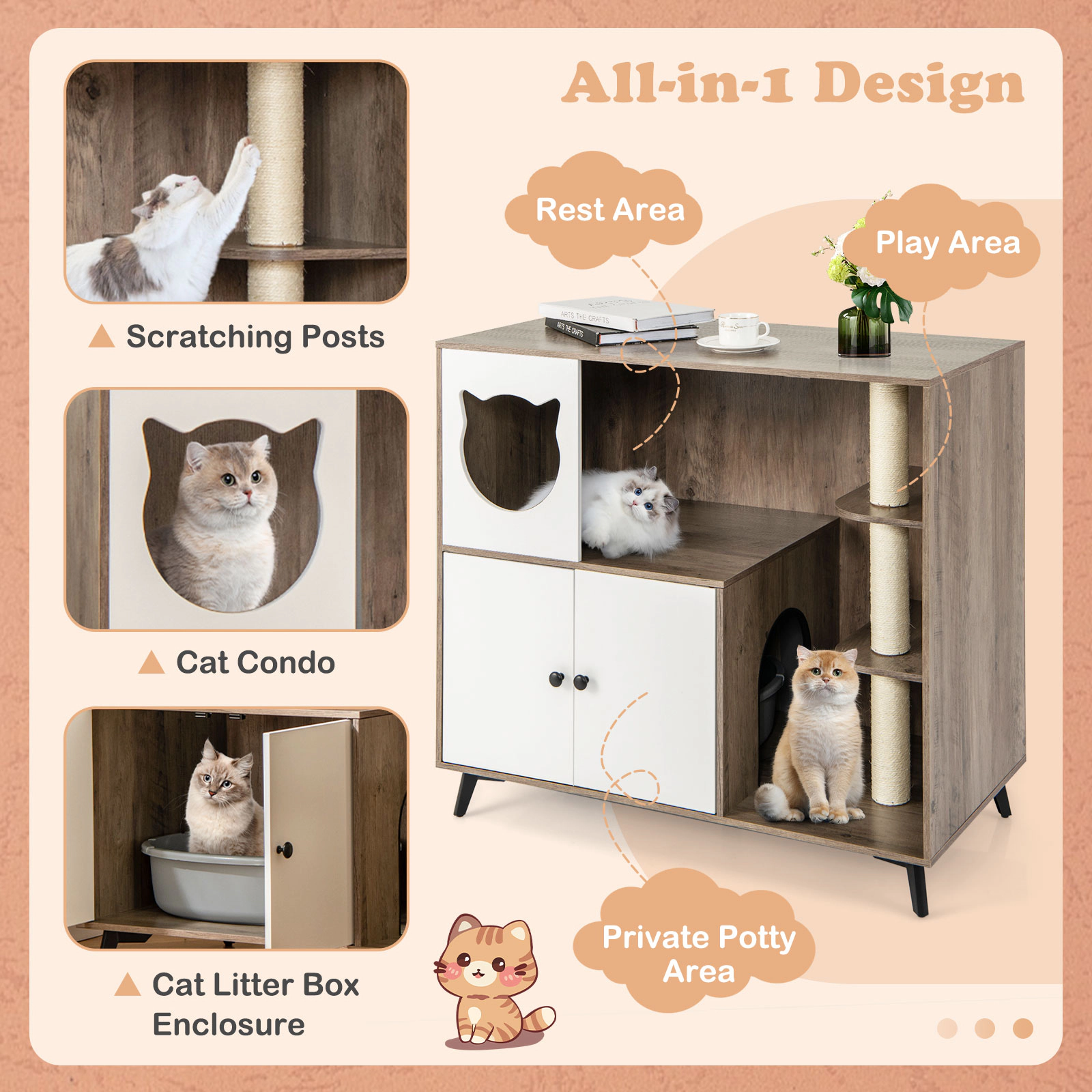 SUGIFT 40 x 36-in 66-lb Layer Capacity Natural Cat Litter Box Enclosure Cat Condo with 3 Sisal Scratching Posts