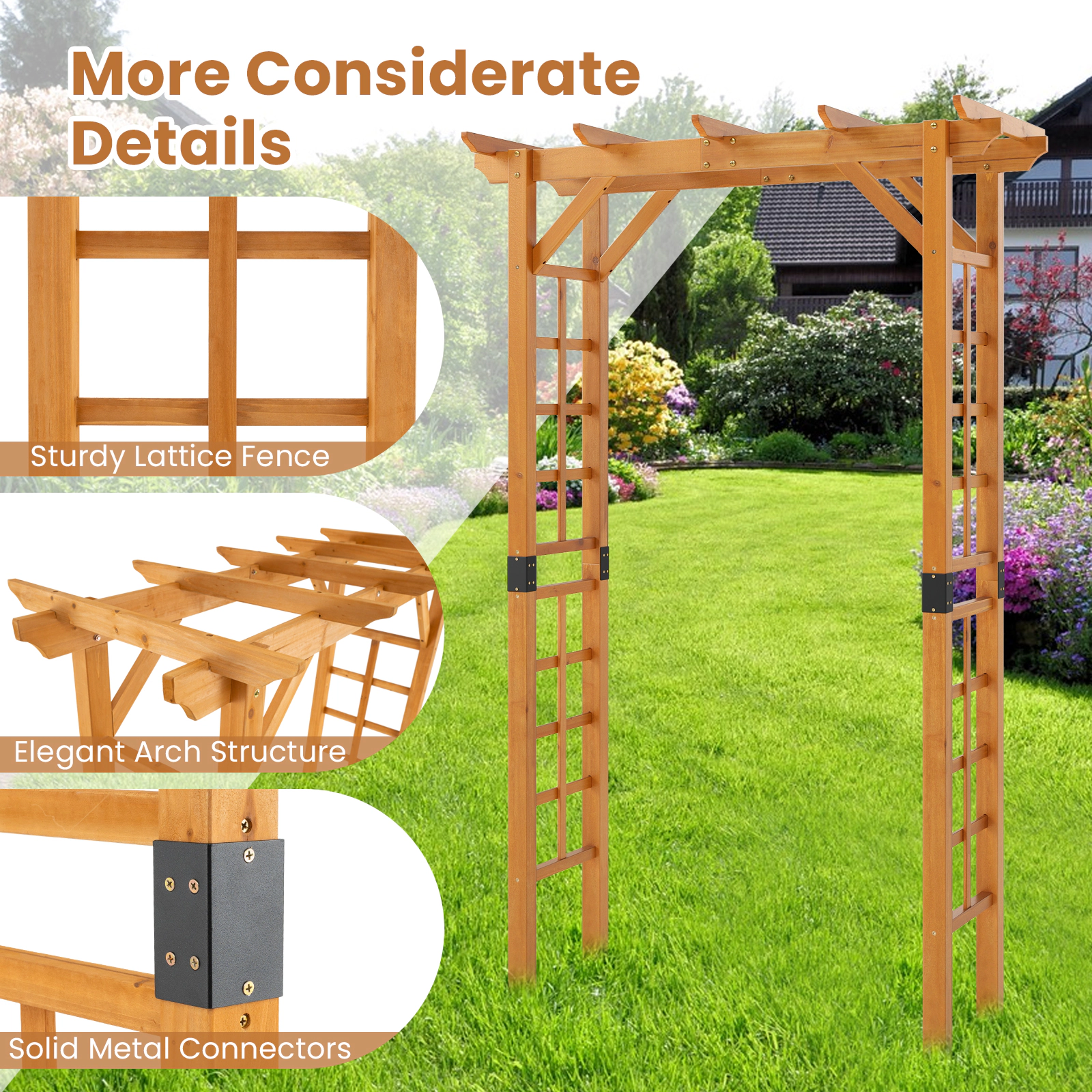 SUGIFT 7-ft Orange Fir Wood Garden Arch Arbor with Grid Trellises Metal Connectors and Thick Legs