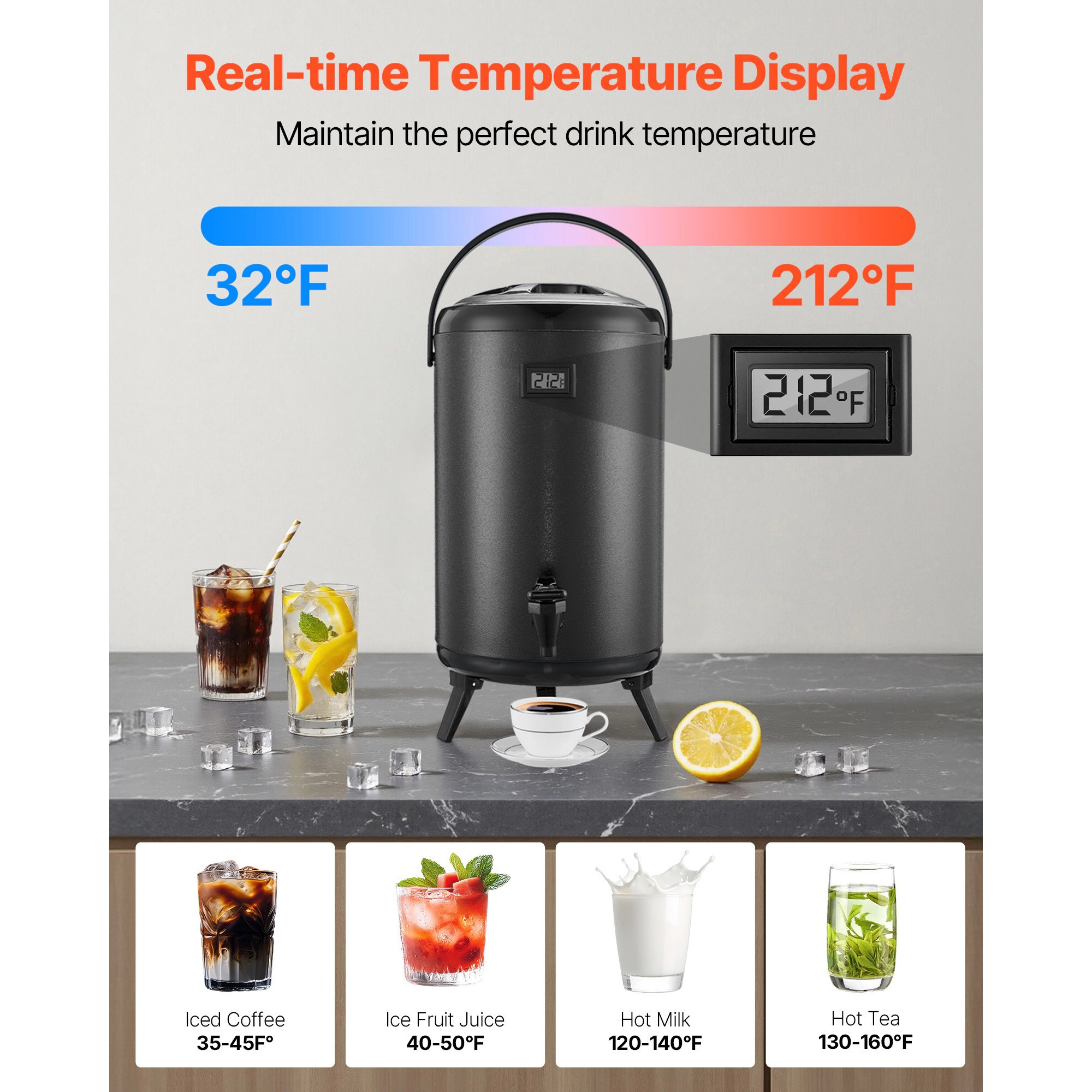 HONGGE Insulated Beverage Dispenser / Stainless Steel Thermal Drink Server with Spigot & Temp Display Suitable for Hot