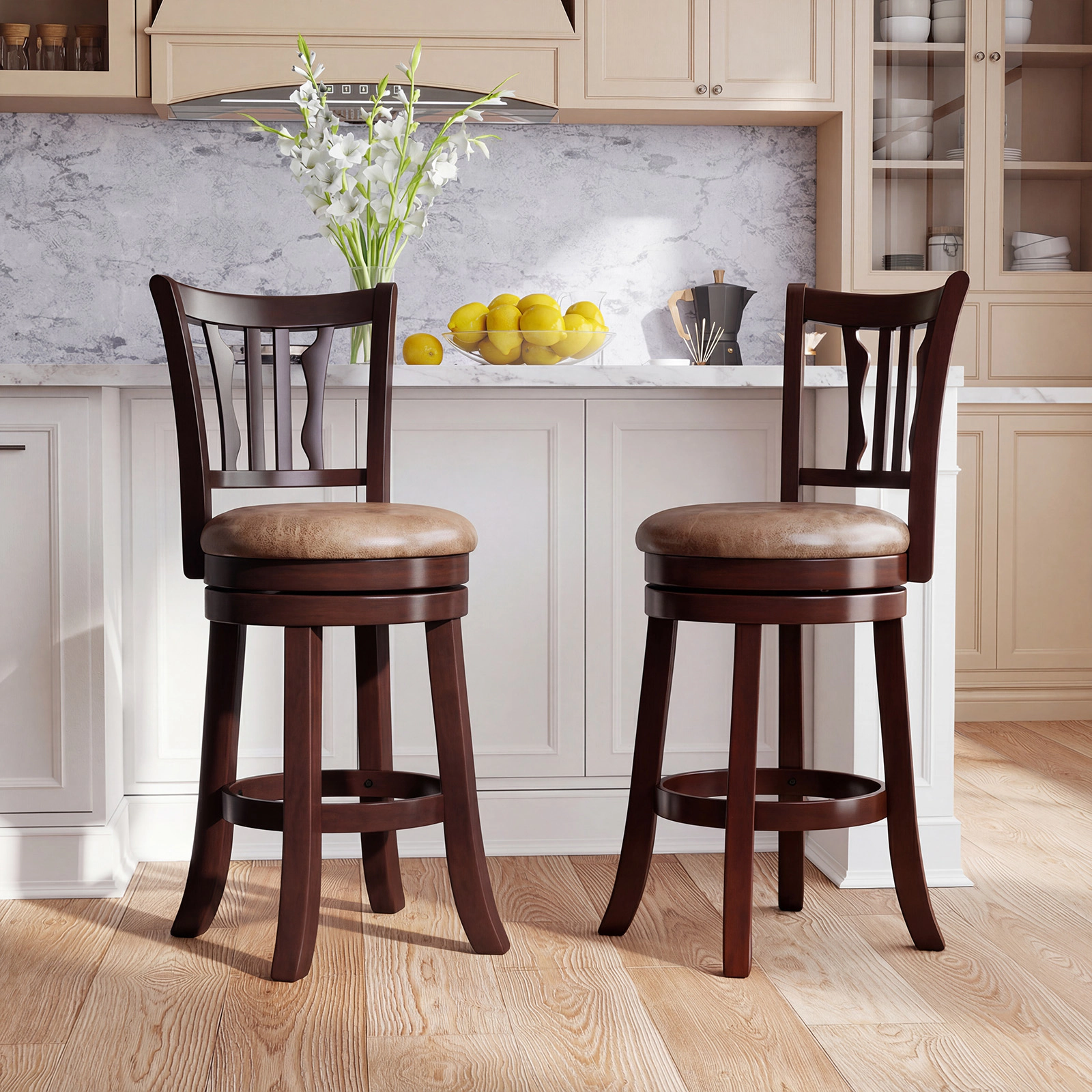 SUGIFT 360° Swivel Counter Height Bar Stools Set of 2 with Back 400-lb Capacity 26-in Seat Height Cappuccino