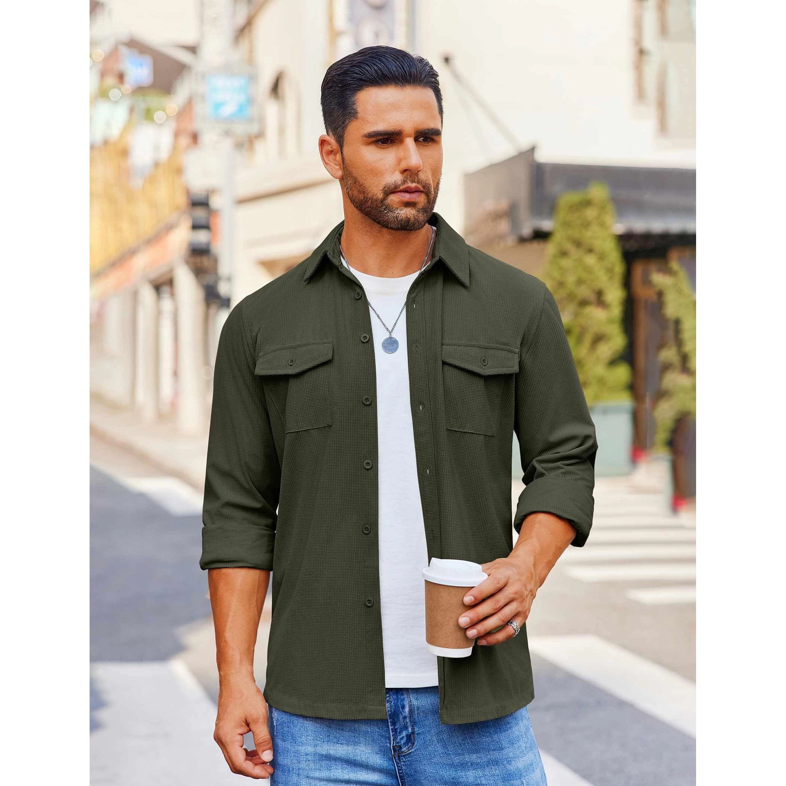 COOFANDY Men's Regular Fit Long Sleeve Collar Neck Button Front Shirt