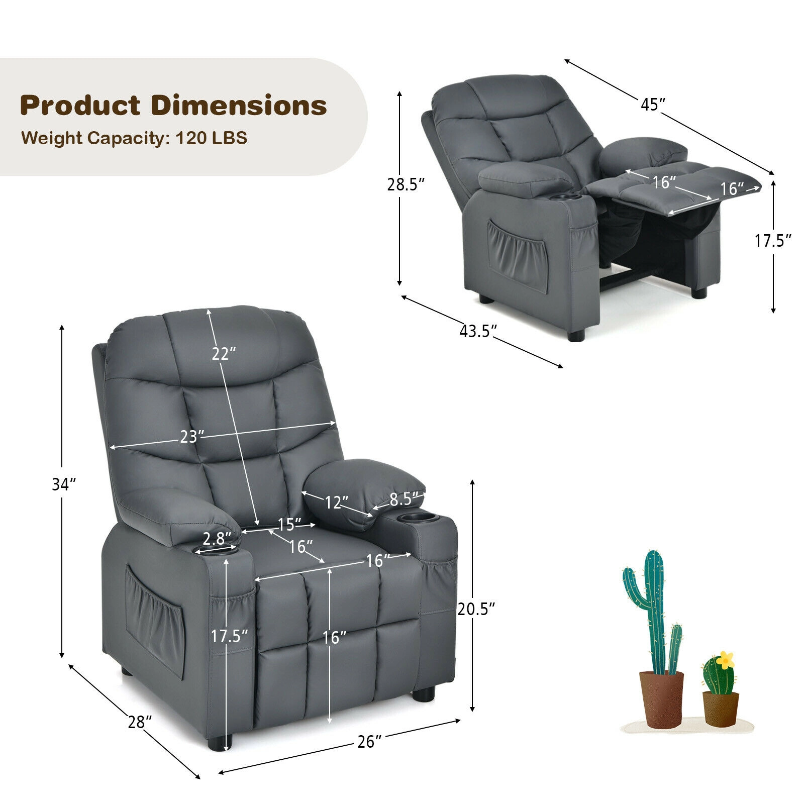 SUGIFT Kids PU Leather Cup Holders Side Pockets Push Back Recliner 26-in x 28-in x 34-in 120-lb Capacity Ages 3+ Gray
