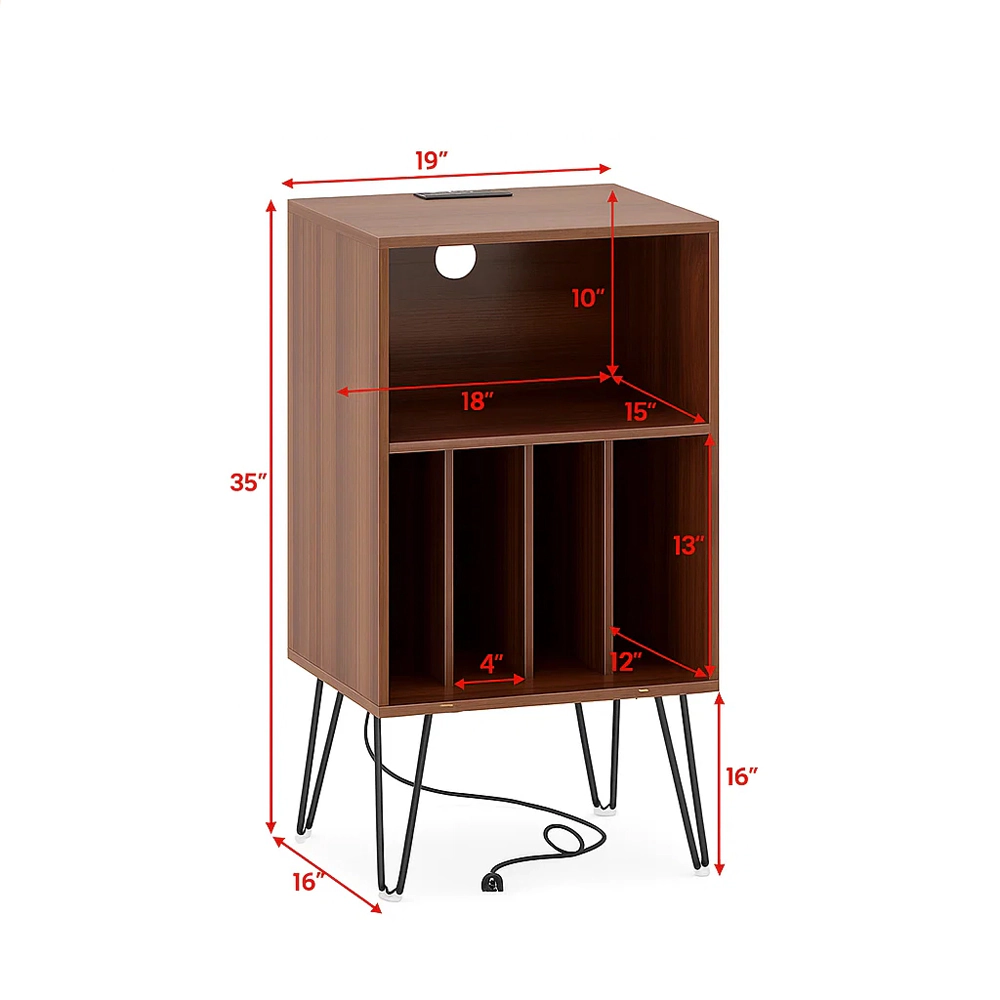 Hivvago Stylish Turntable Console with Power Hub and Record Storage Shelves