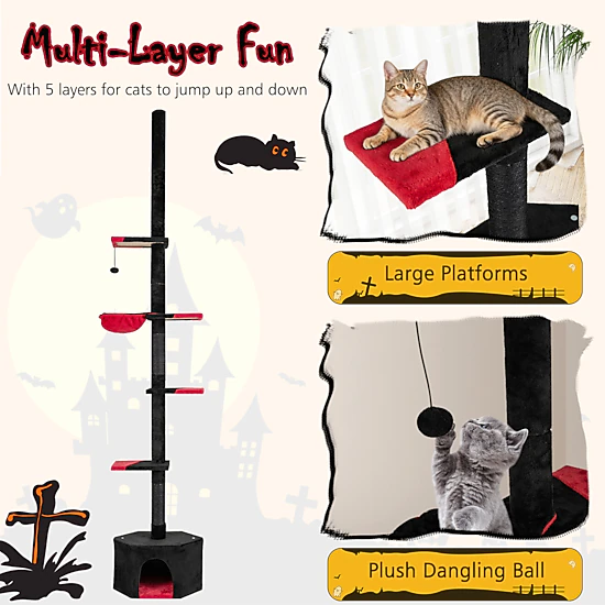 Glintex Floor-to-Ceiling Gothic Cat Tree with 97 to 118-Inch Adjustable Tension Rod, Red