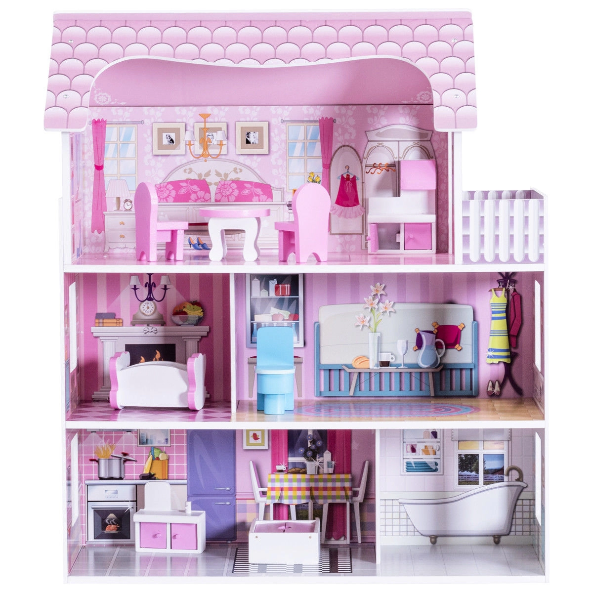 SUGIFT 3-Level MDF Dollhouse with 5 Rooms Balcony and 8-Piece Furniture Set 28-in Tall Pink