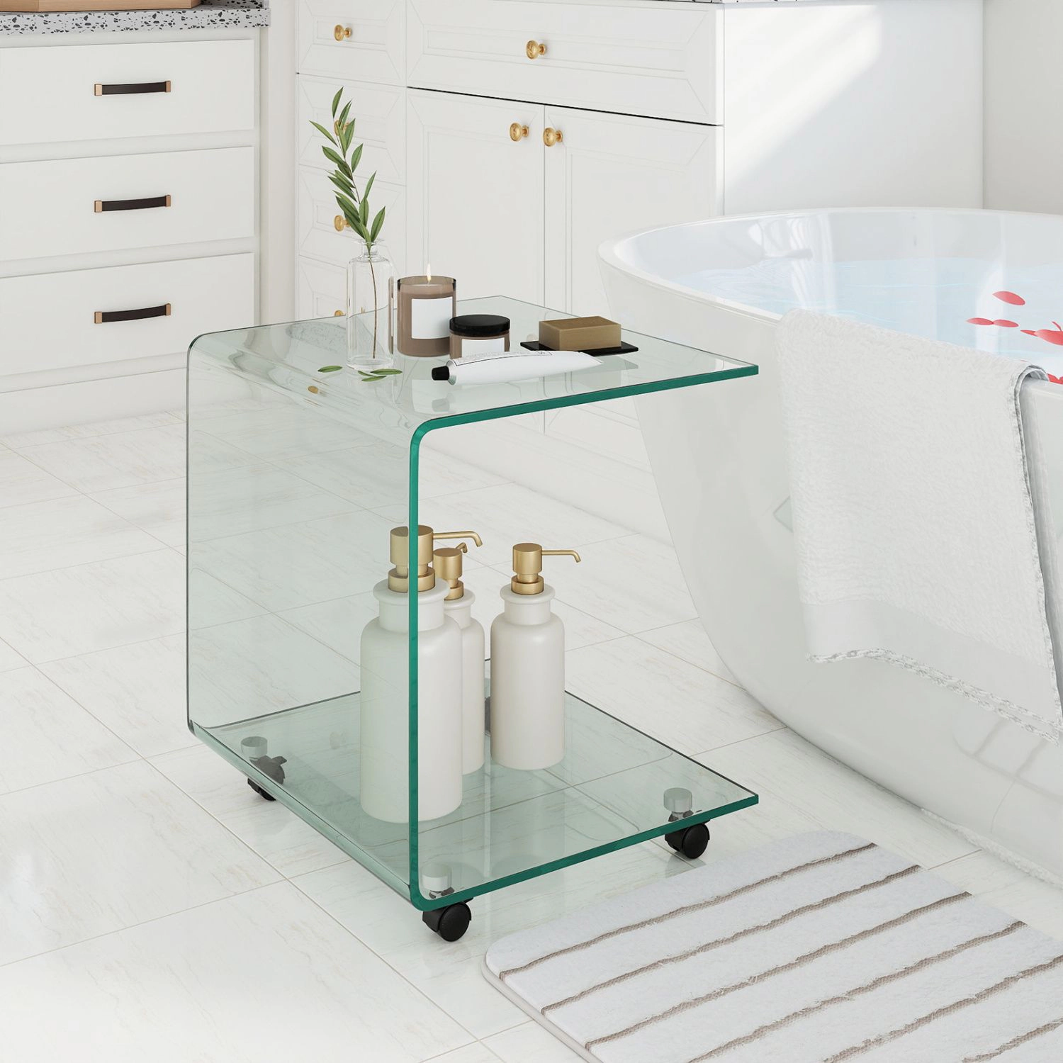 SlickBlue Mobile Side Table with Lockable Wheels, Glass Surface and Open Storage