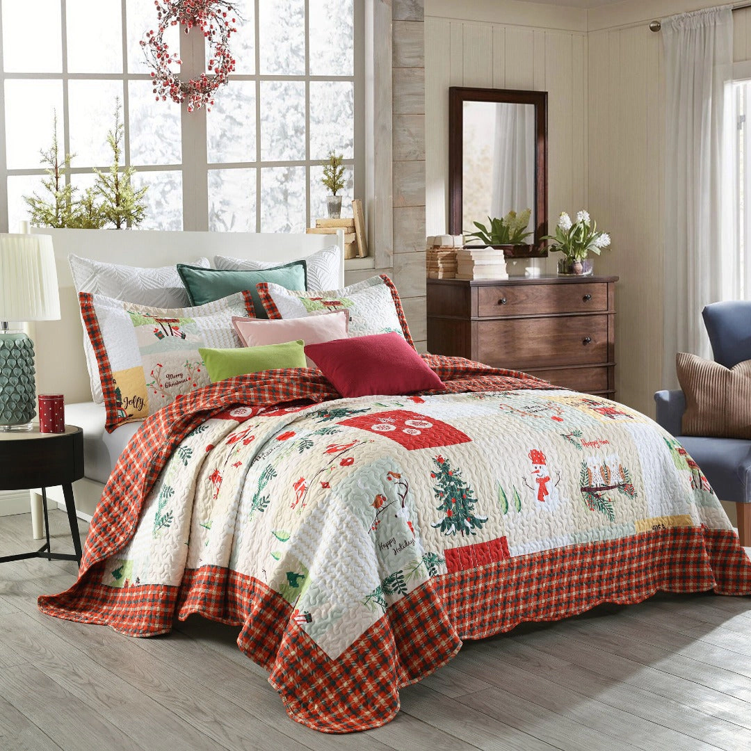 MarCielo 3 Piece Christmas Patchwork Quilt Bedspread Set Lightweight Holiday Bedding Set