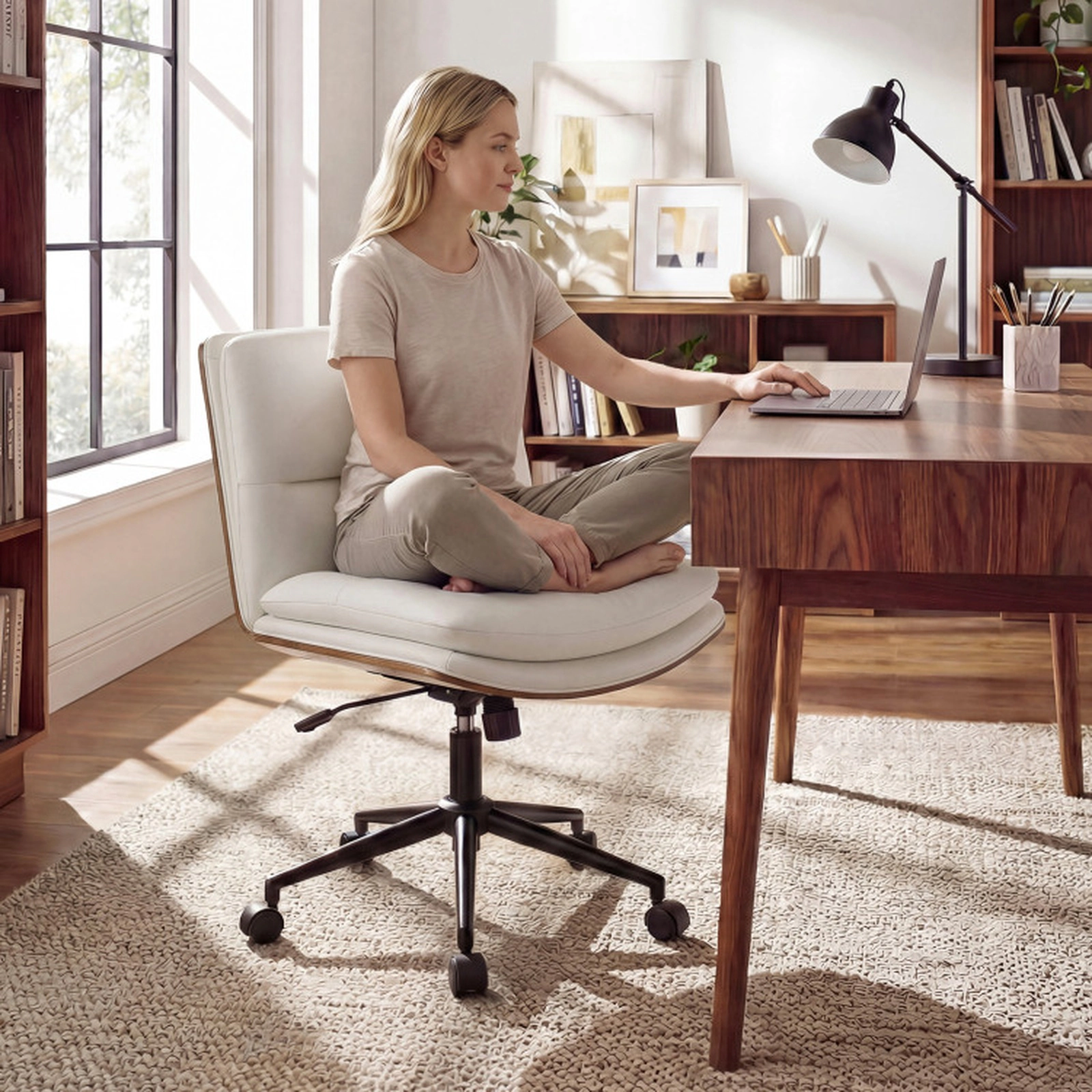 SUGIFT Armless Curved Backrest 23-in Wide Padded Seat Rocking Swivel Office Chair 27.5-in x 23.5-in 245-lb White