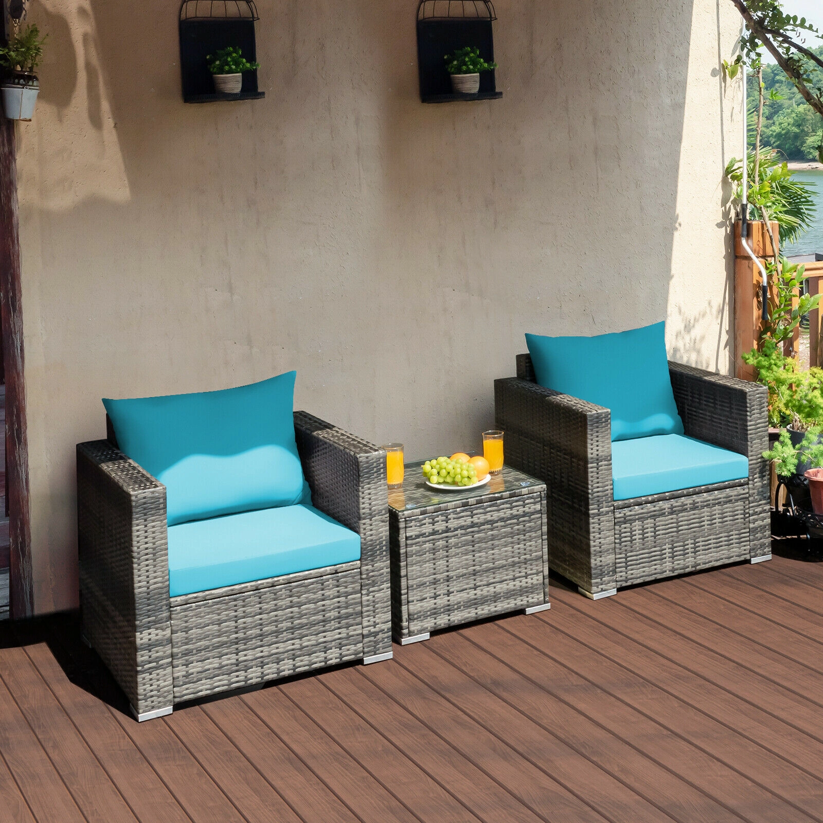 SUGIFT 3-Piece Gray Rattan Patio Conversation Set with 2 Sofa Chairs and Glass Coffee Table