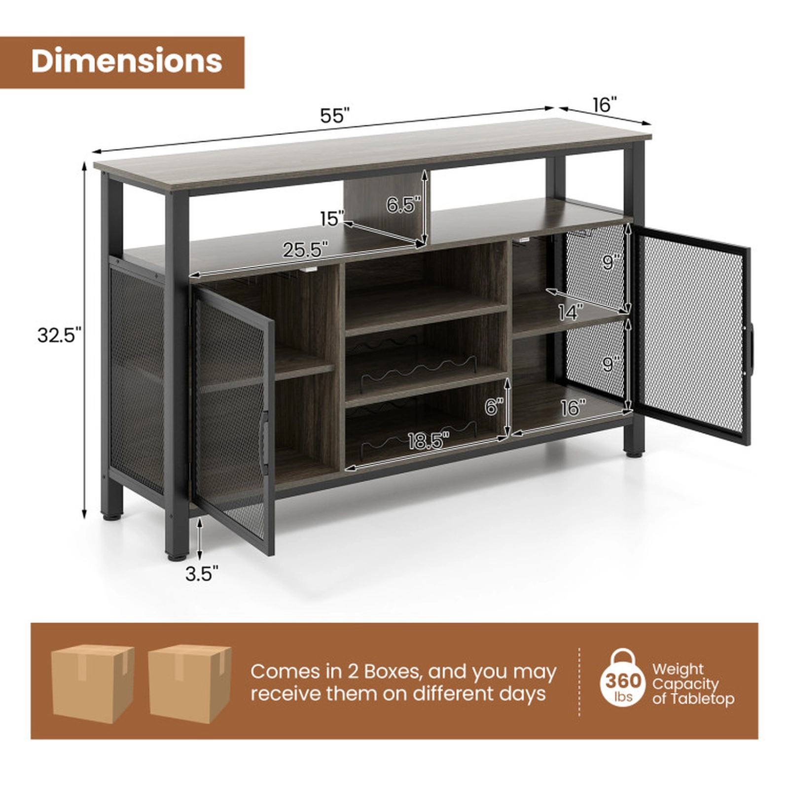 SUGIFT 8-Bottle Racks 6-Row Glass Holders Metal Mesh Doors Wine Cabinet 55-in x 16-in x 32.5-in 360-lb Capacity Gray