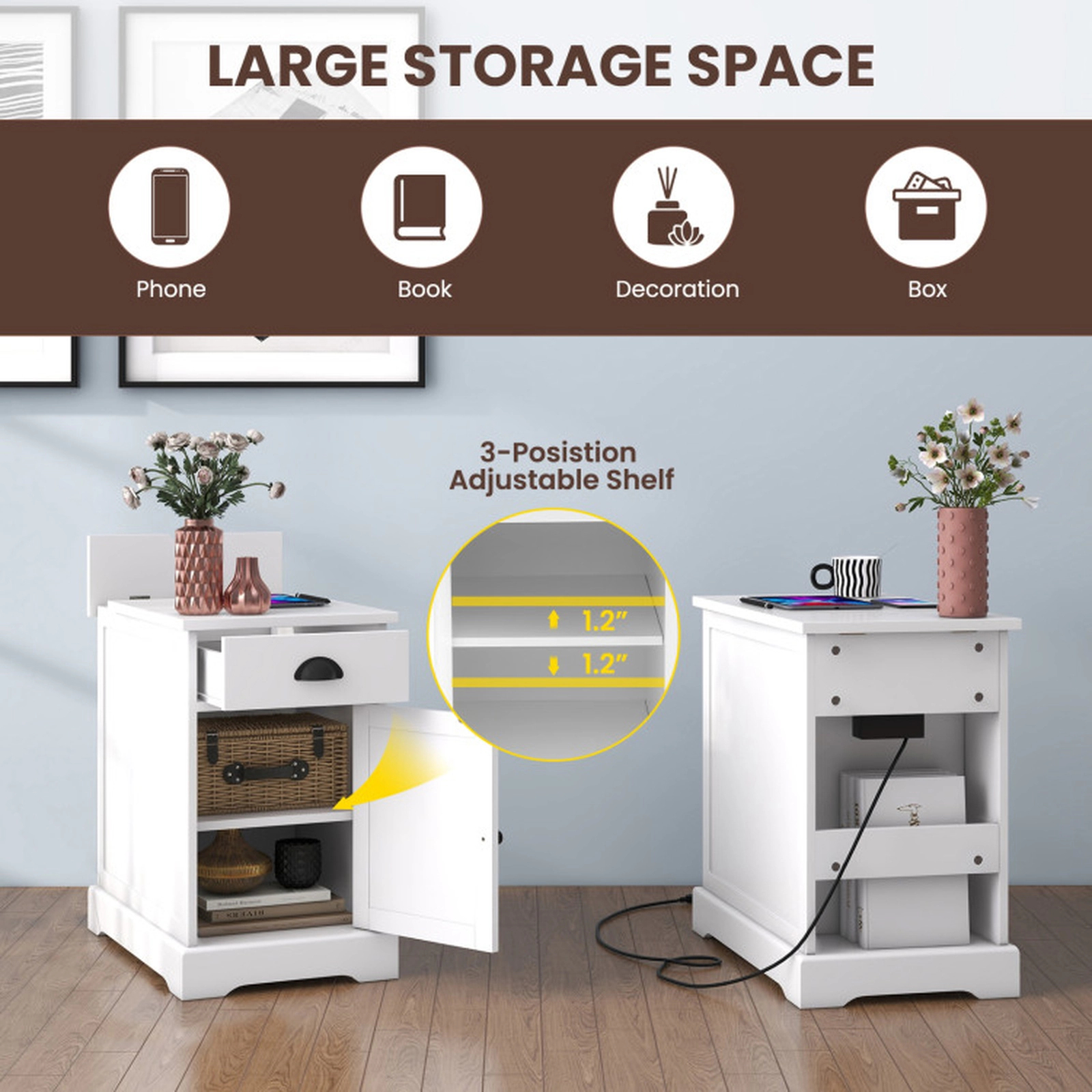 SUGIFT End Table with Charging Station and Flip Top 66-lb Tabletop Capacity 2-Outlet 2-USB White