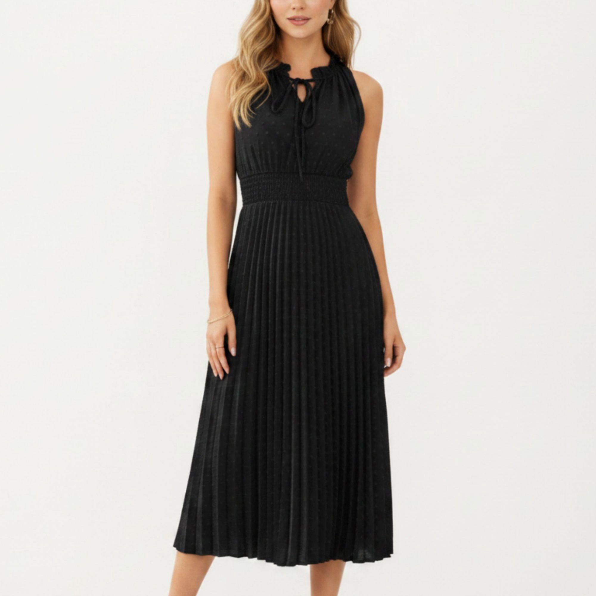 Anna-Kaci Women's Sleeveless Pleated Midi Dress with Smocked Waist and Tie Neck Detail