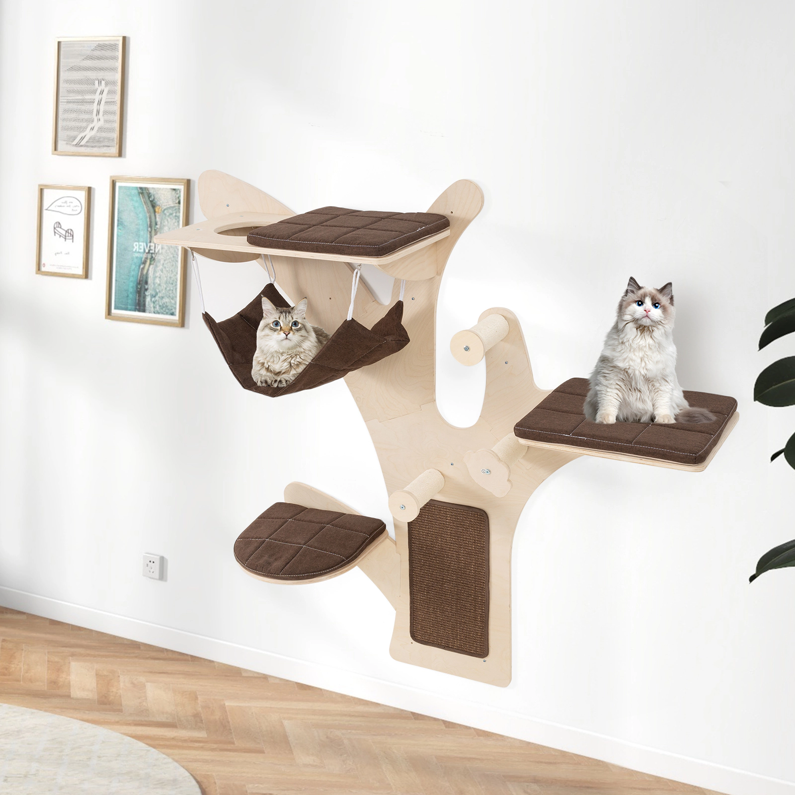SlickBlue 59" Wall Mounted Cat Tree with Hammock and Scratching Posts