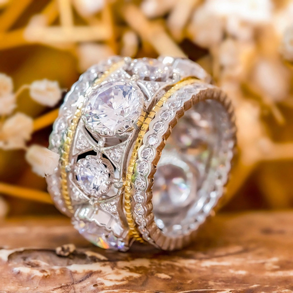 Women's Two Tone Vintage Wide Band Ring Round Cubic Zirconia Ornate Carved Statement Ring