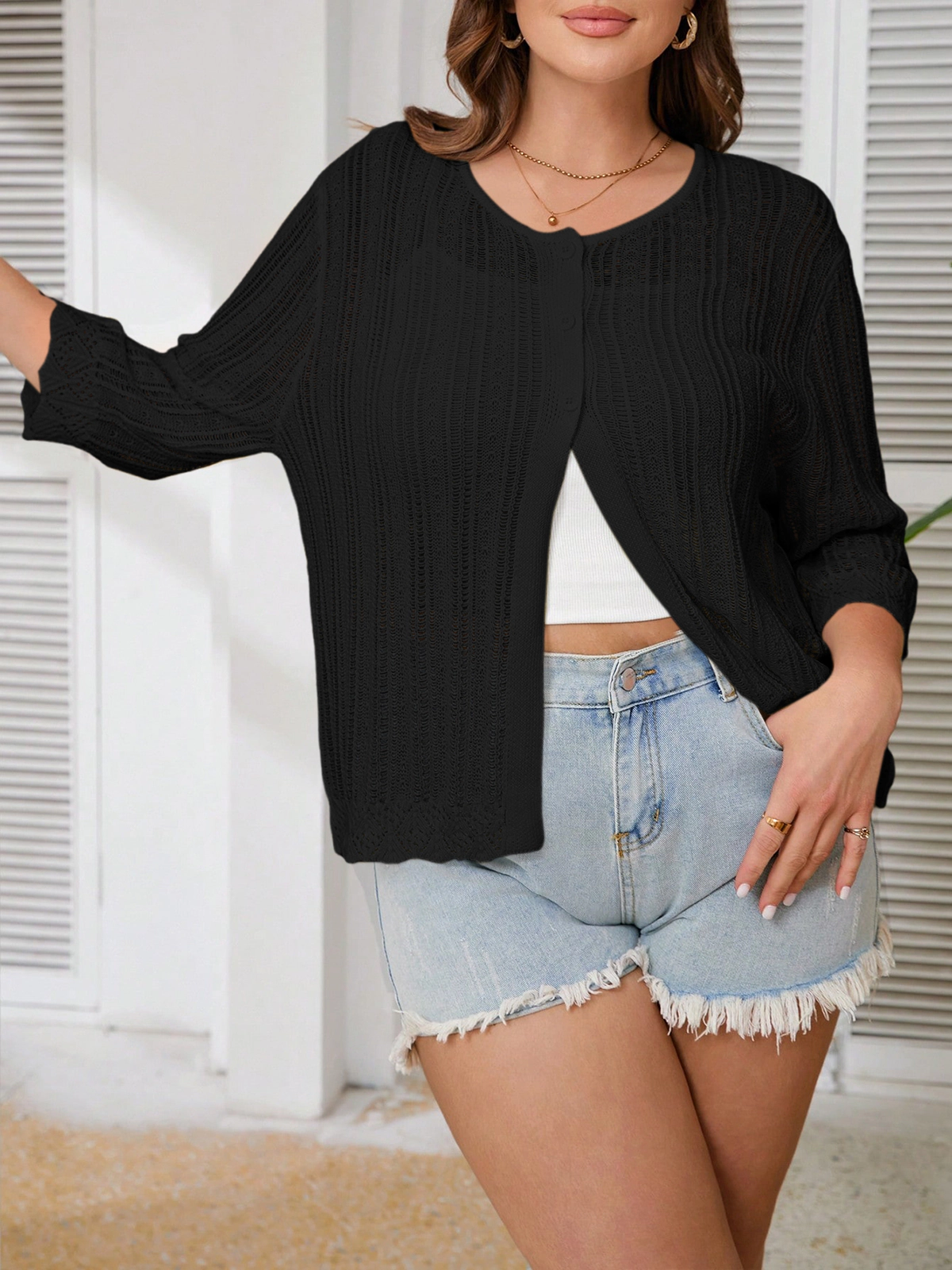 KOJOOIN Plus Cardigan Women's Crochet Knit 3/4 Sleeve Button Front Sweater Lightweight Beach Cover Up