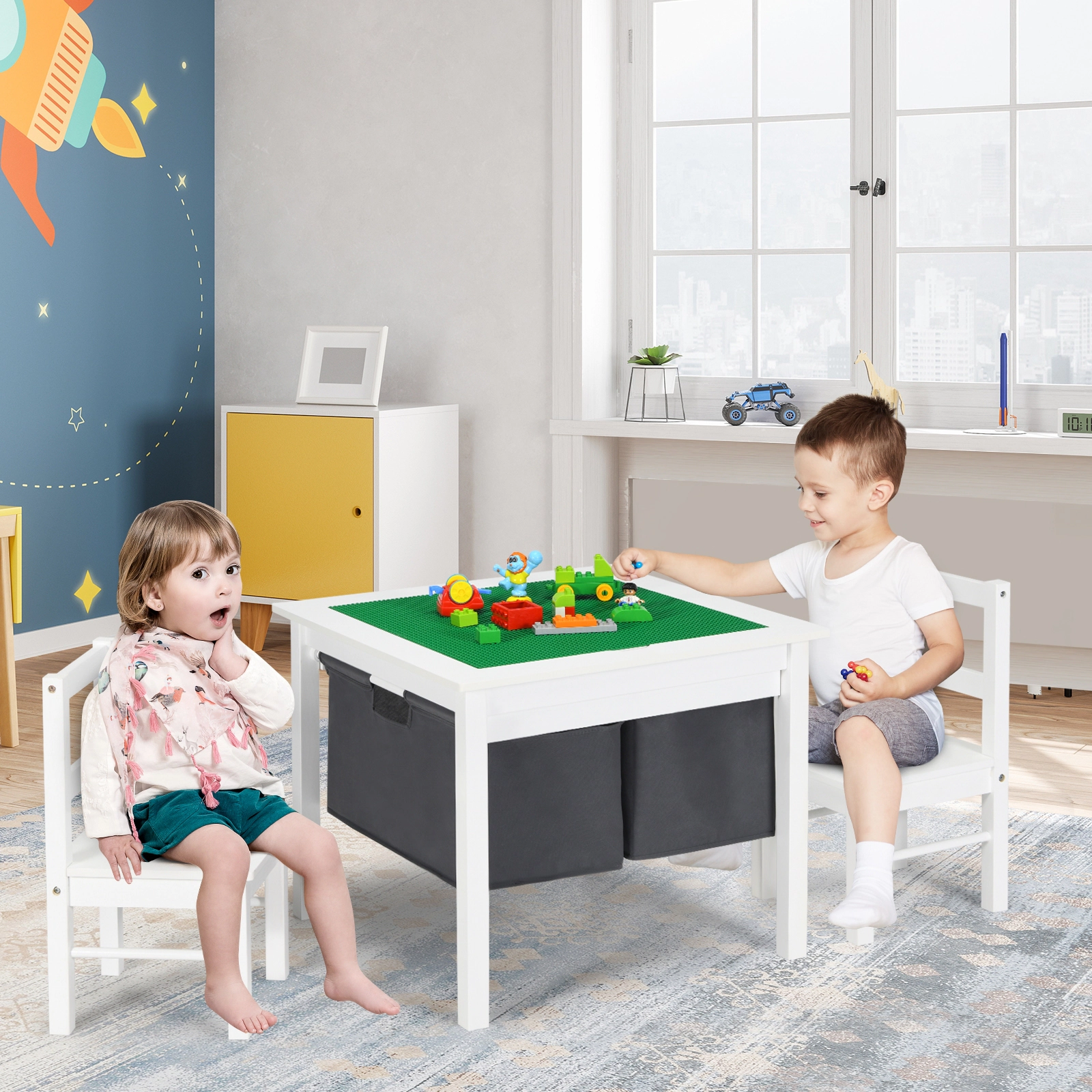 SUGIFT 2-in-1 Kids Activity Table and 2 Chairs, Reversible Top, Brick Baseplate, Storage Drawers, White