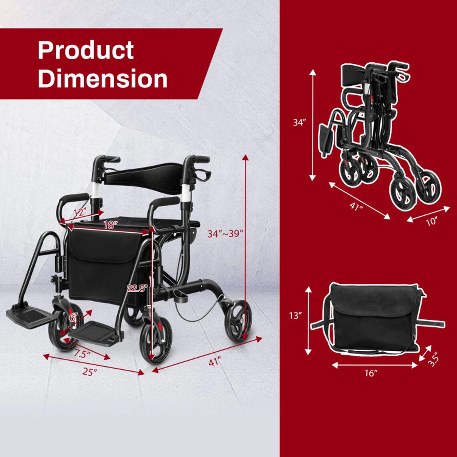 SUGIFT 2-in-1 Folding Rollator Walker and Transport Chair, 350-lb Capacity, 8-in Wheels