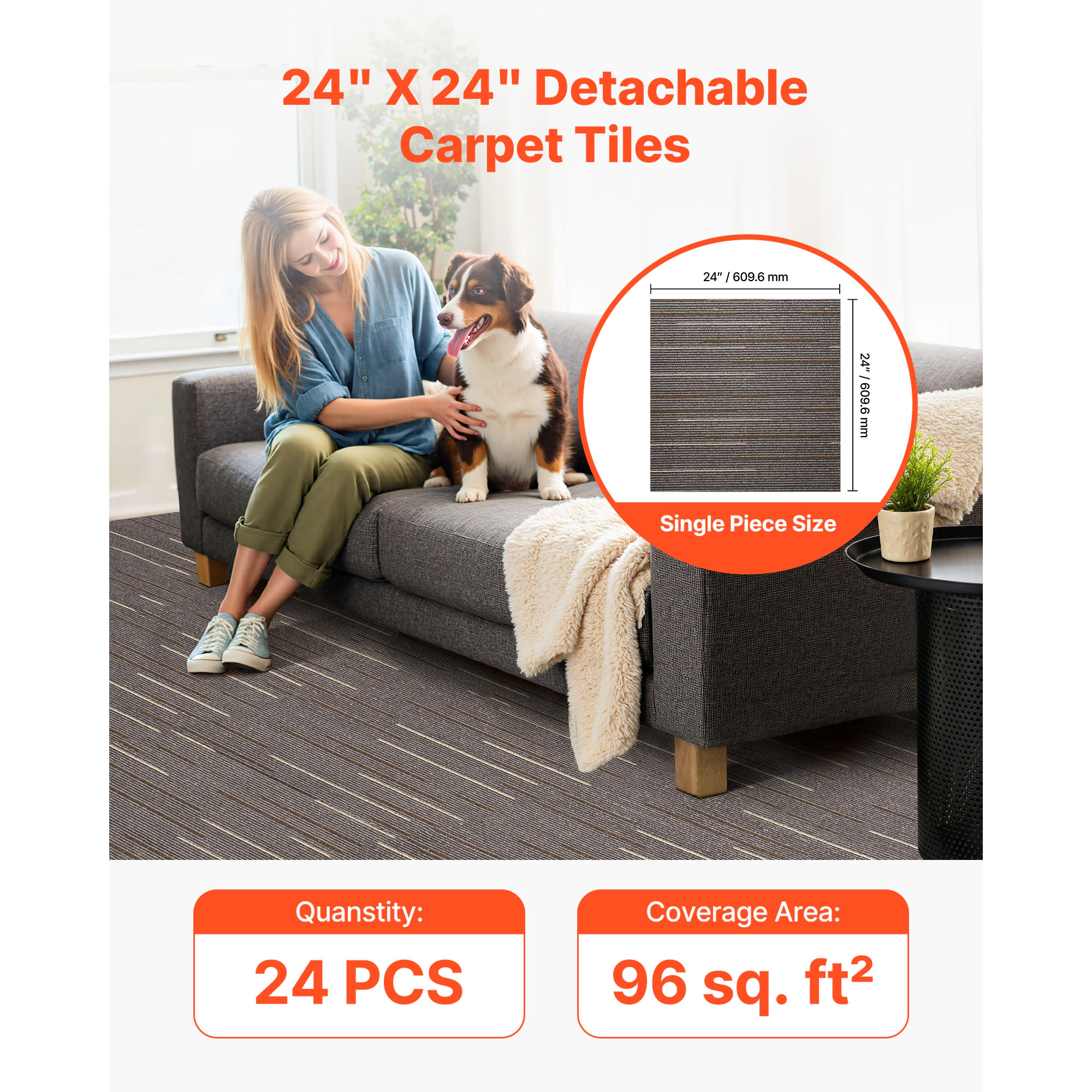 HONGGE 24-Pack Commercial Carpet Tiles, 24x24 In Padded Squares Cover 96 Sq Ft