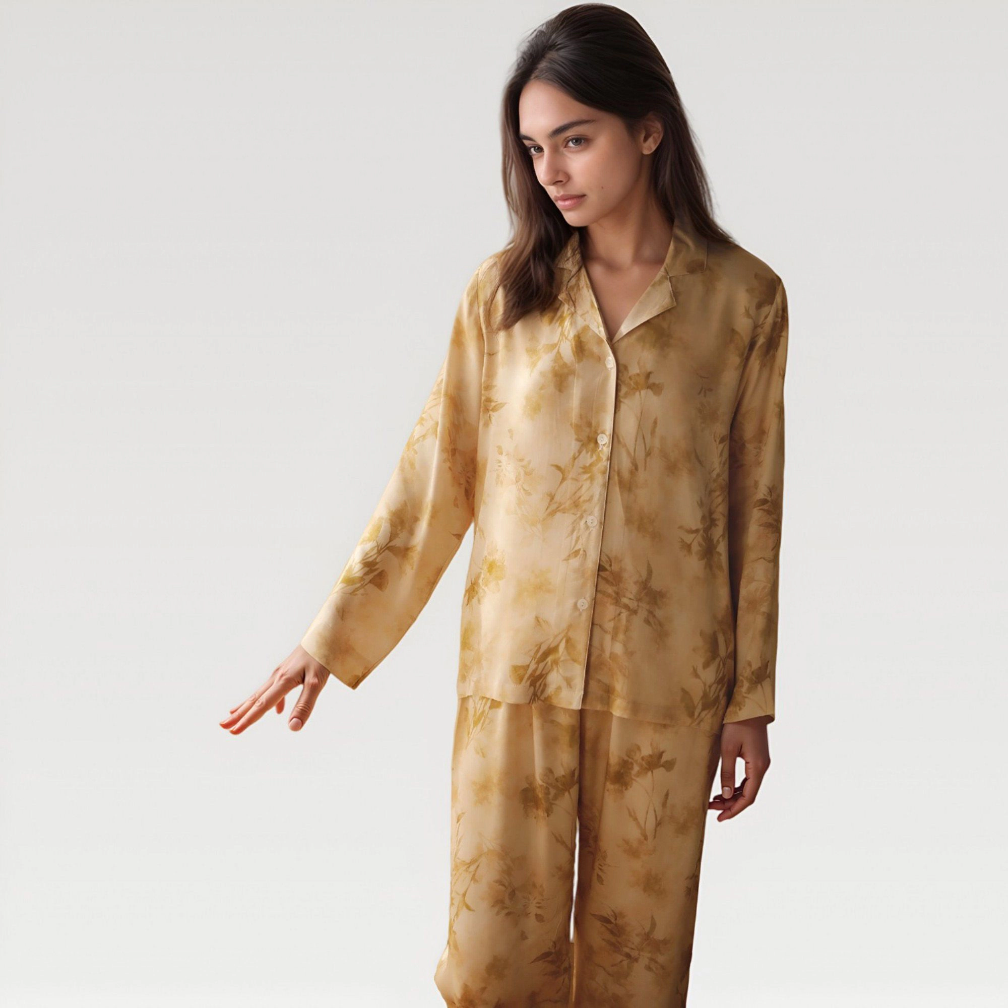 Anna-Kaci Women's Satin Pajama Set with Golden Botanical Print Long Sleeve Button Up Top and Relaxed Fit Pants