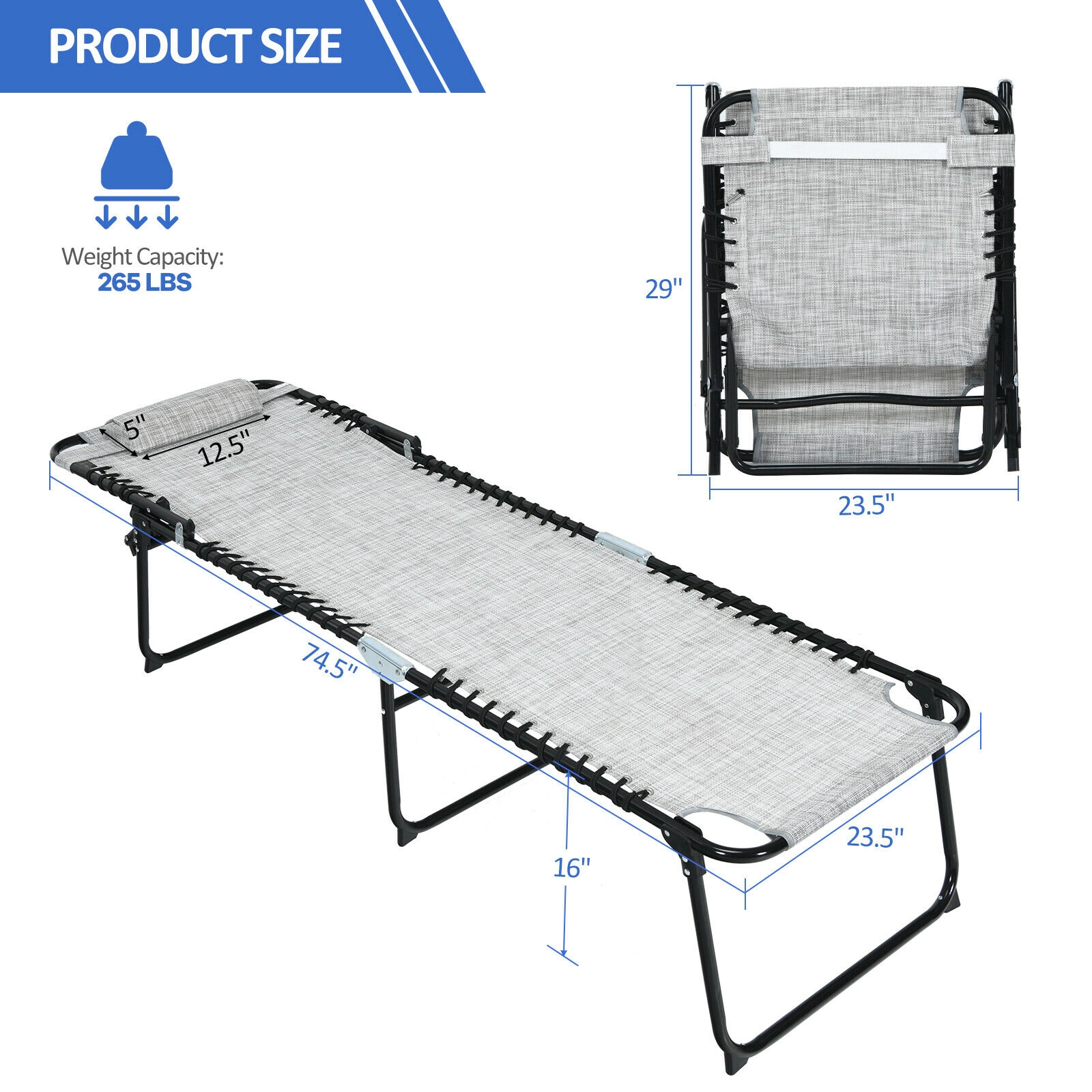 SUGIFT Gray 4-Position Backrest 2-Position Footrest Removable Headrest Foldable Reclining Lounge Chair