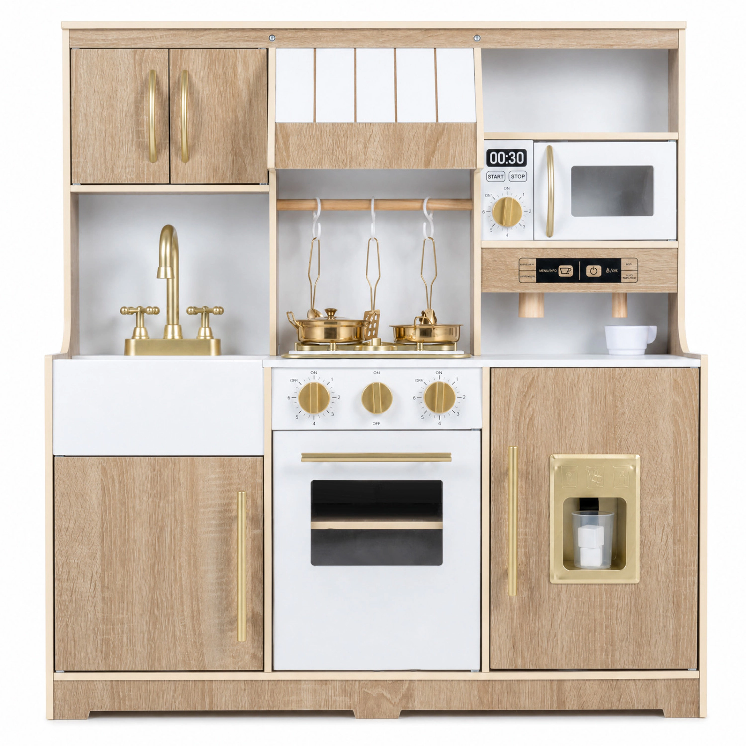 LJG Wooden Play Kitchen with Lights & Sounds and Ice Maker Stove Sink for Toddlers