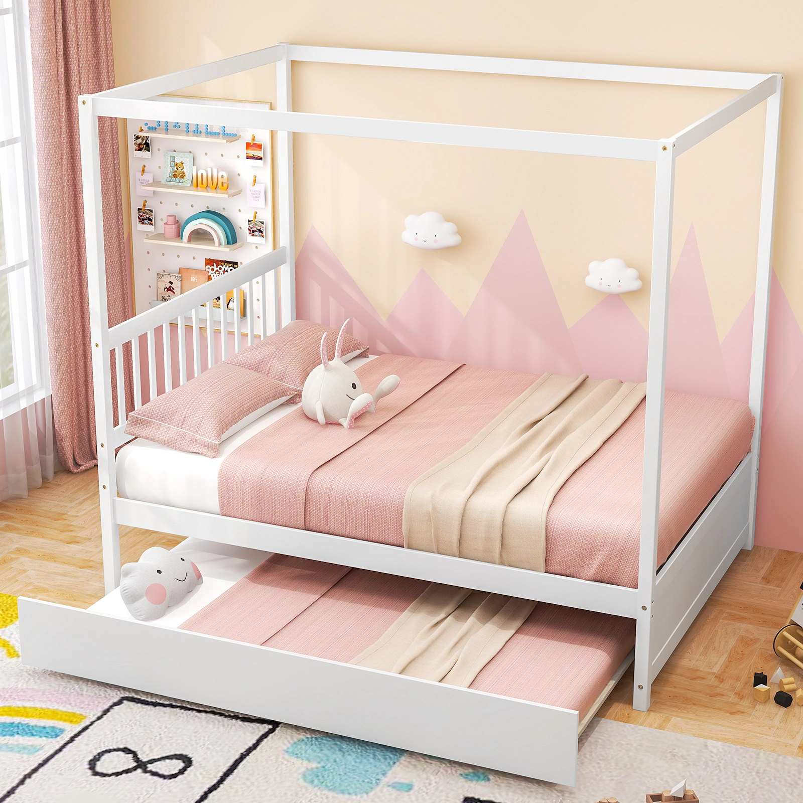 SUGIFT Full Canopy Bed with Rolling Trundle, White Wood Platform Frame