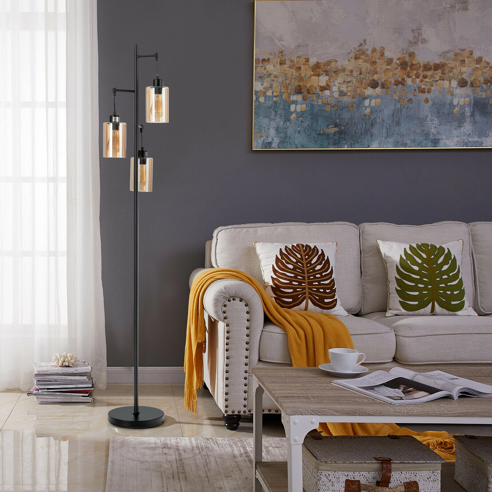 SlickBlue 3 Head Retro Floor Lamp with Hanging Amber Glass Shades