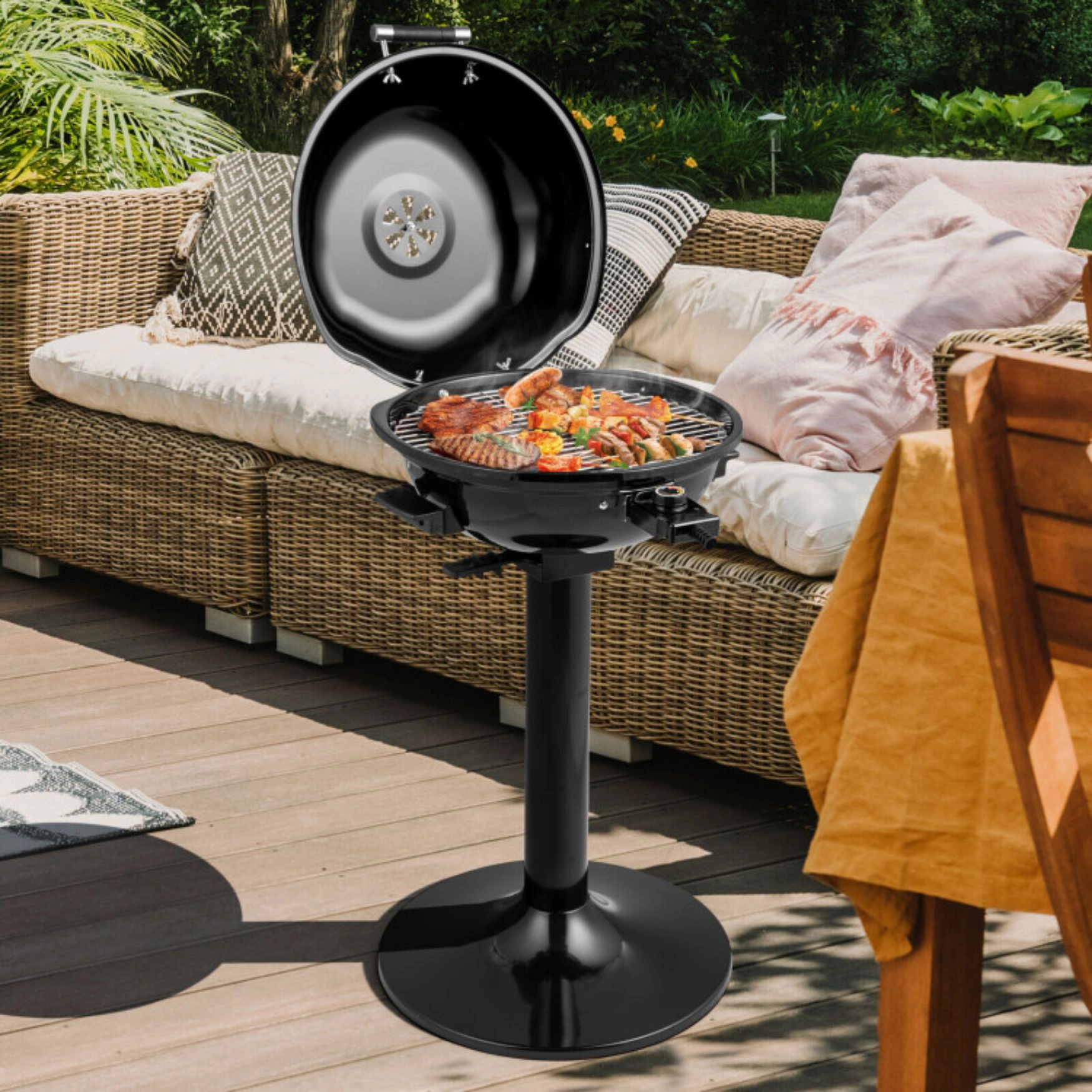 SUGIFT 1600W Electric BBQ Grill Adjustable 200-425 F Temperature Removable Warming Rack 15-in Grill Surface Black/Red